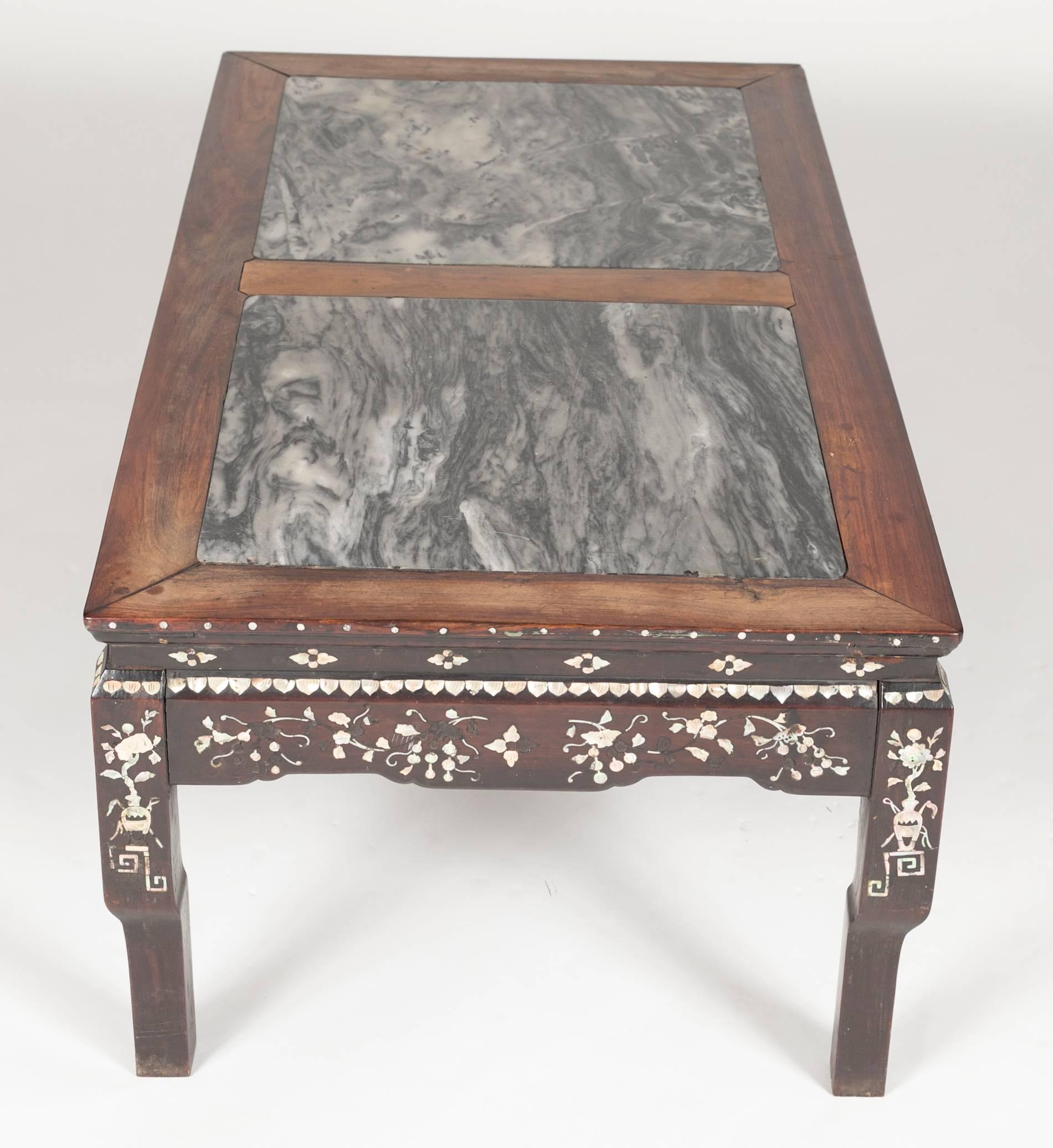 Mother-of-Pearl 19th Century Chinese Low Table with Marble Tops