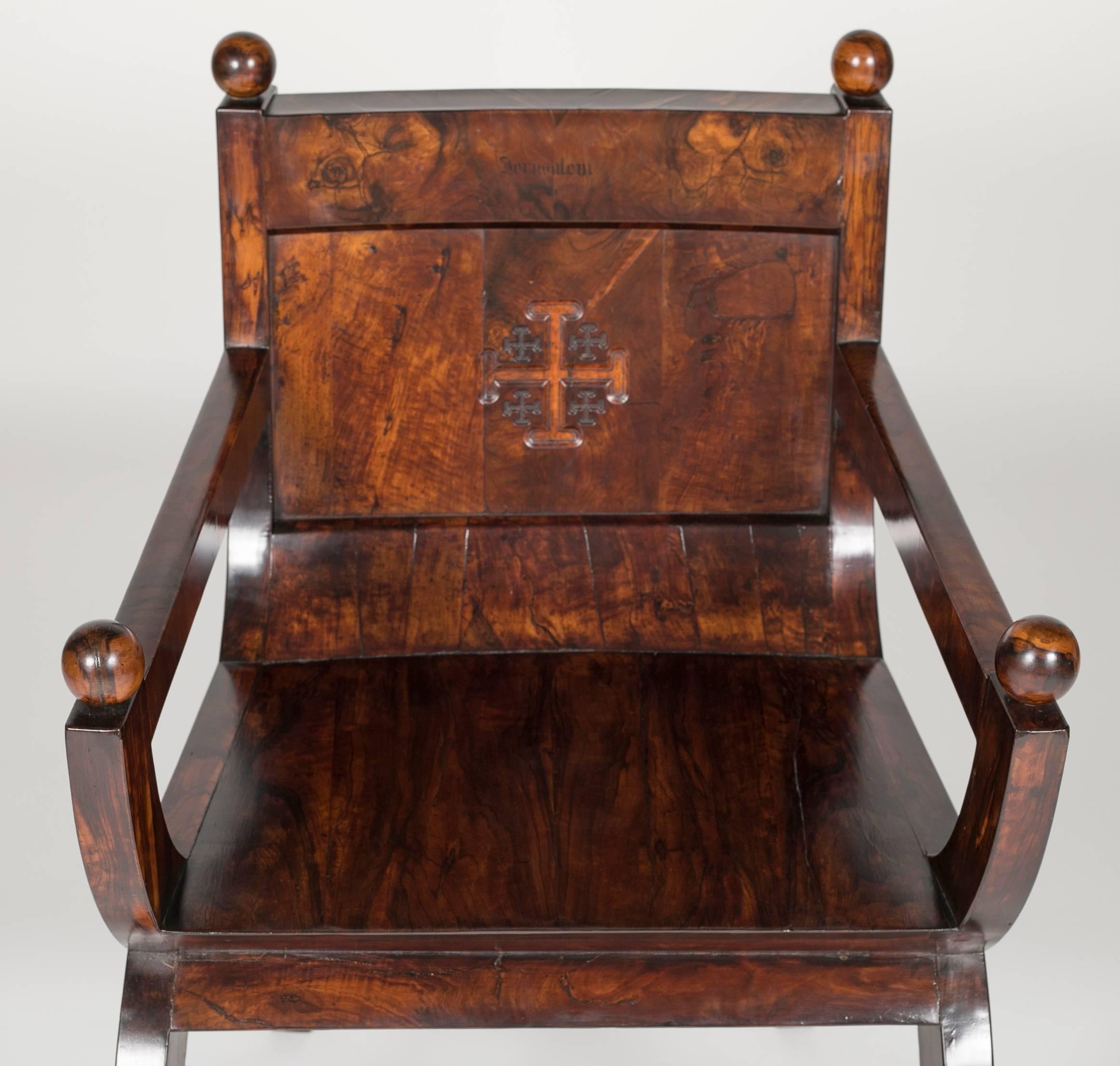 Veneer 19th Century Olivewood Curule Form Armchair For Sale