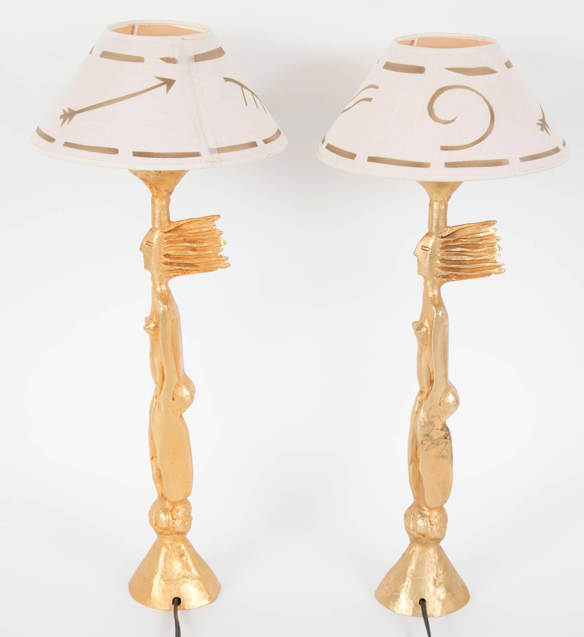 Modern Pair of Gold-Plated Metal Table Lamps by Pierre Casenove with Original Shade For Sale