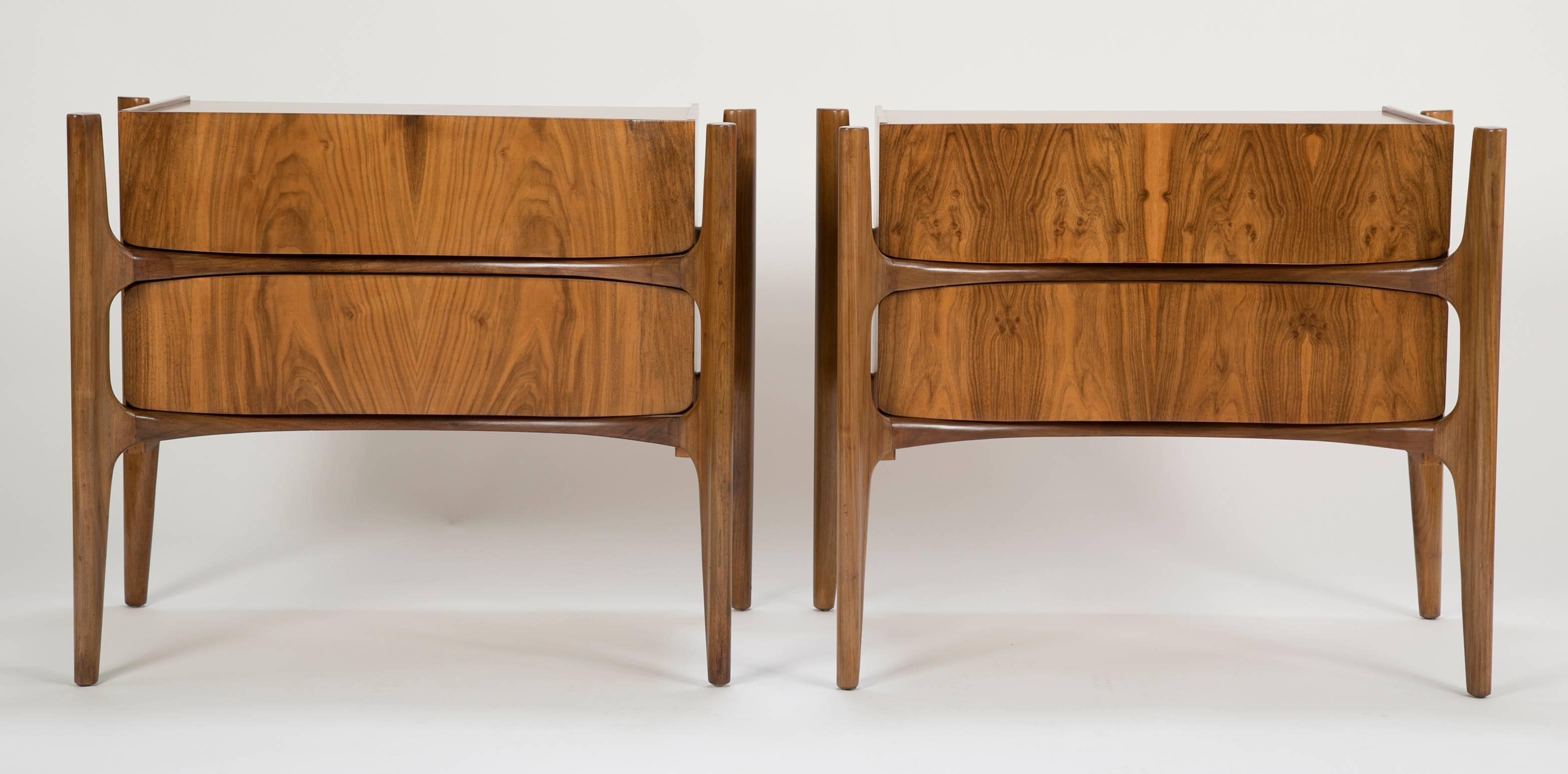 An attractive pair of Swedish walnut and birch nightstands.