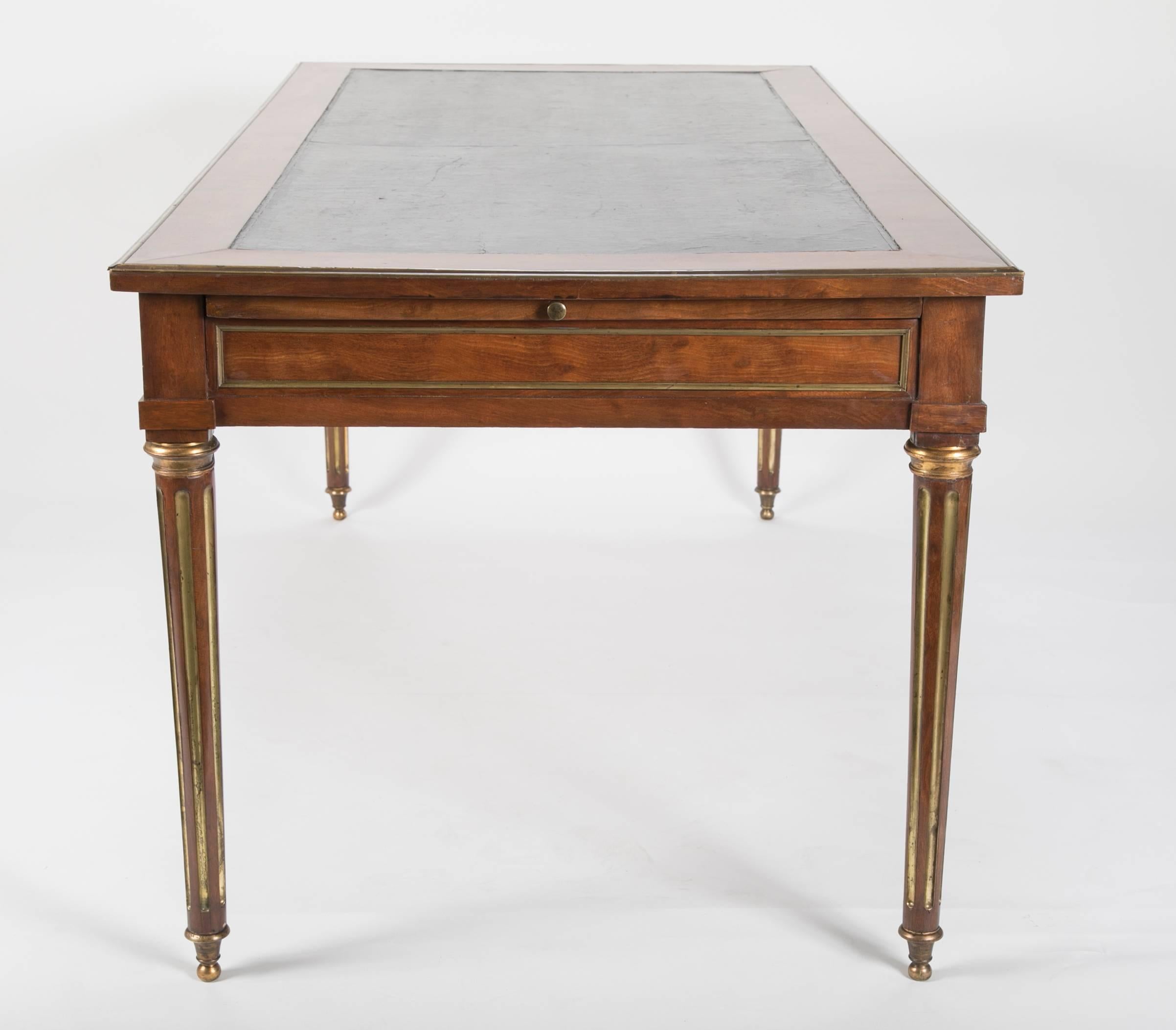 Large Louis XVI Leather Top Bronze Mounted Mahogany Writing Table Desk In Good Condition In Stamford, CT