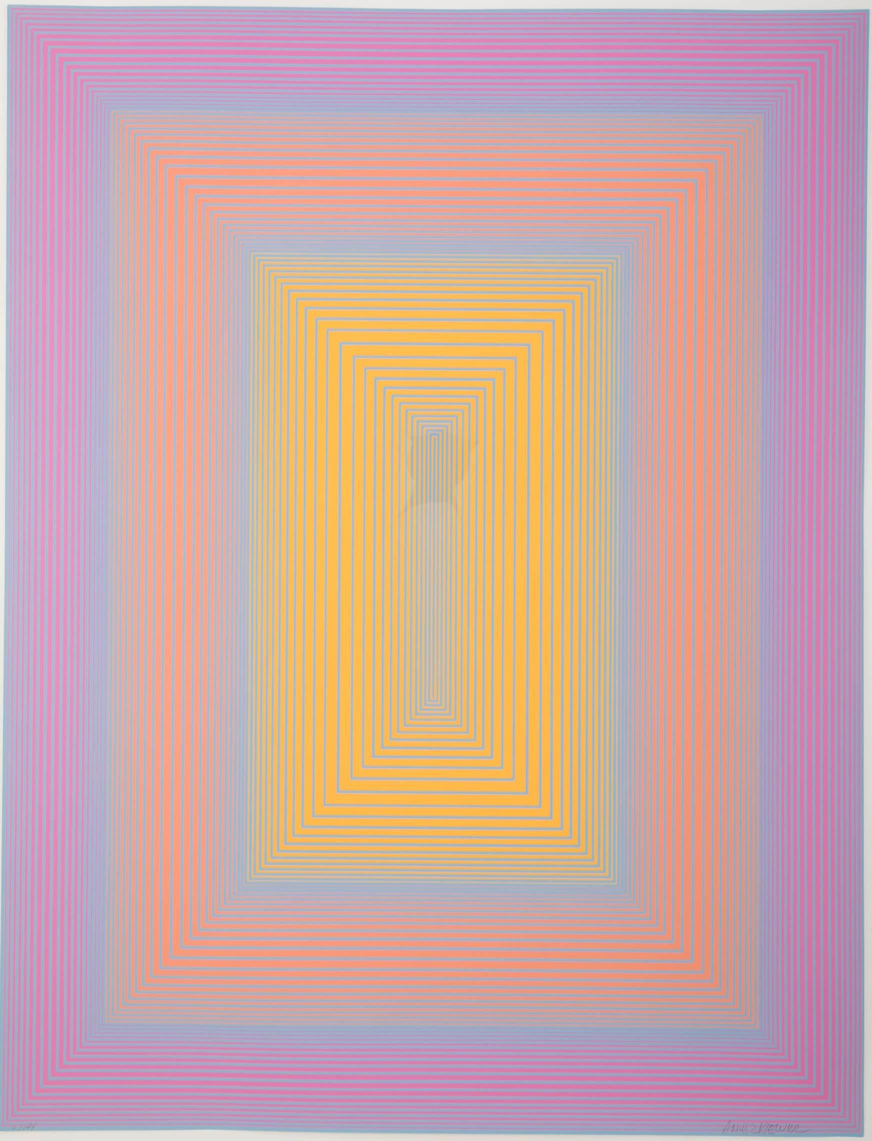 Color screenprint on paper by Richard Anuszkiewicz (American. b.1930). Blue, purple, yellow and orange colors. Signed and numbered 9/144.
