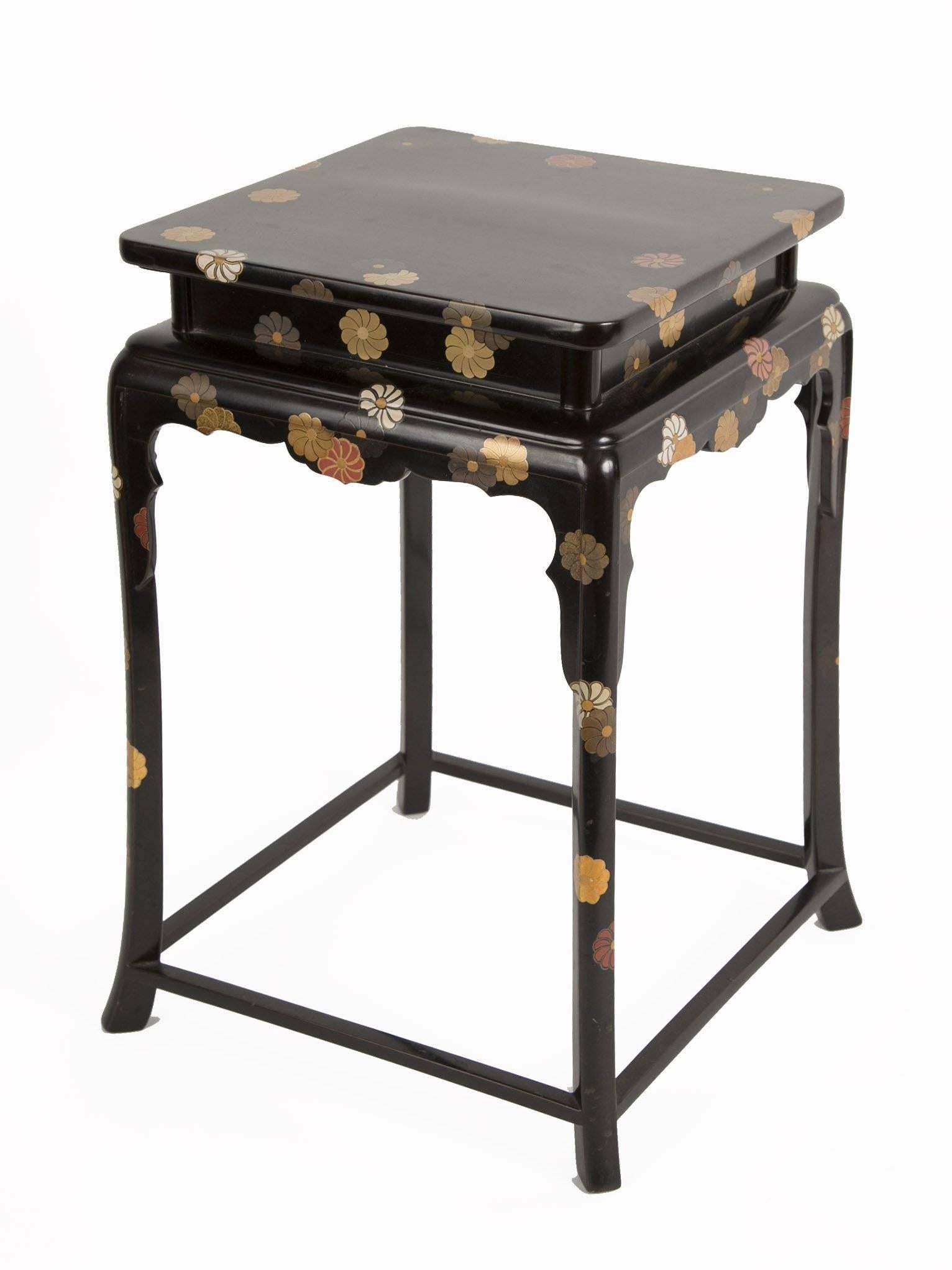 Taisho Japanese Black Lacquered Cocktail Table With Chrysanthemum Design