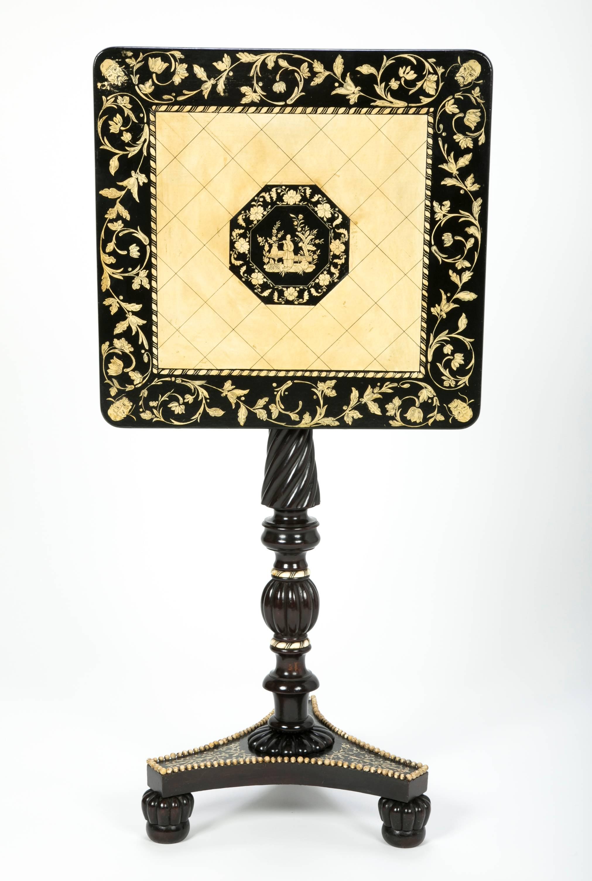 English Regency Ebonized Wood and Bone Penwork Side Table 2