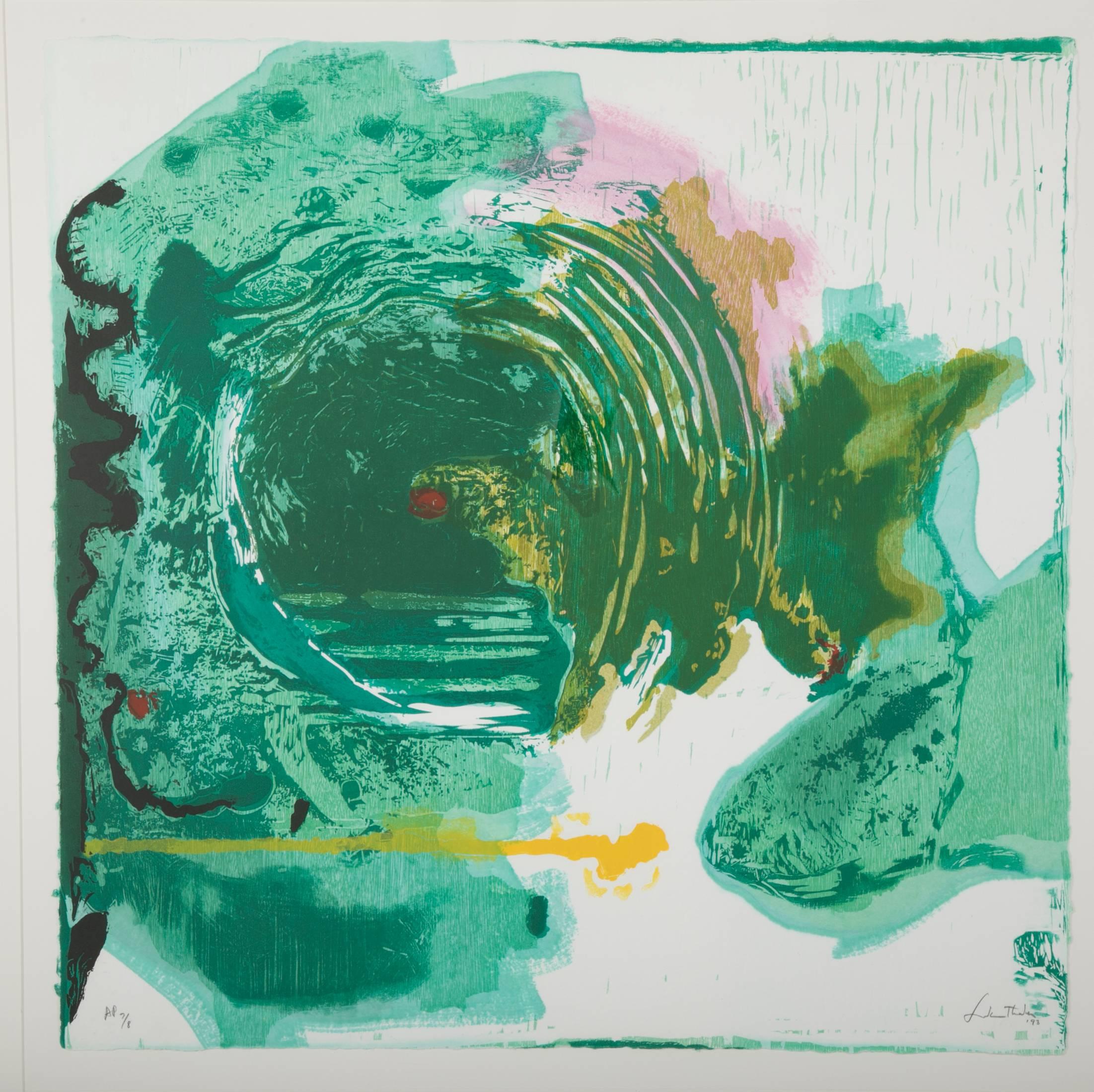 A Woodcut print by Abstract Expressionist artist Helen Frankenthaler, titled Radius, 1992-1993. Printed in nine colors from six wood cut and embossed blocks on hand dyed paper. Artist proof numbered 7/8 in pencil on lower left from the edition of