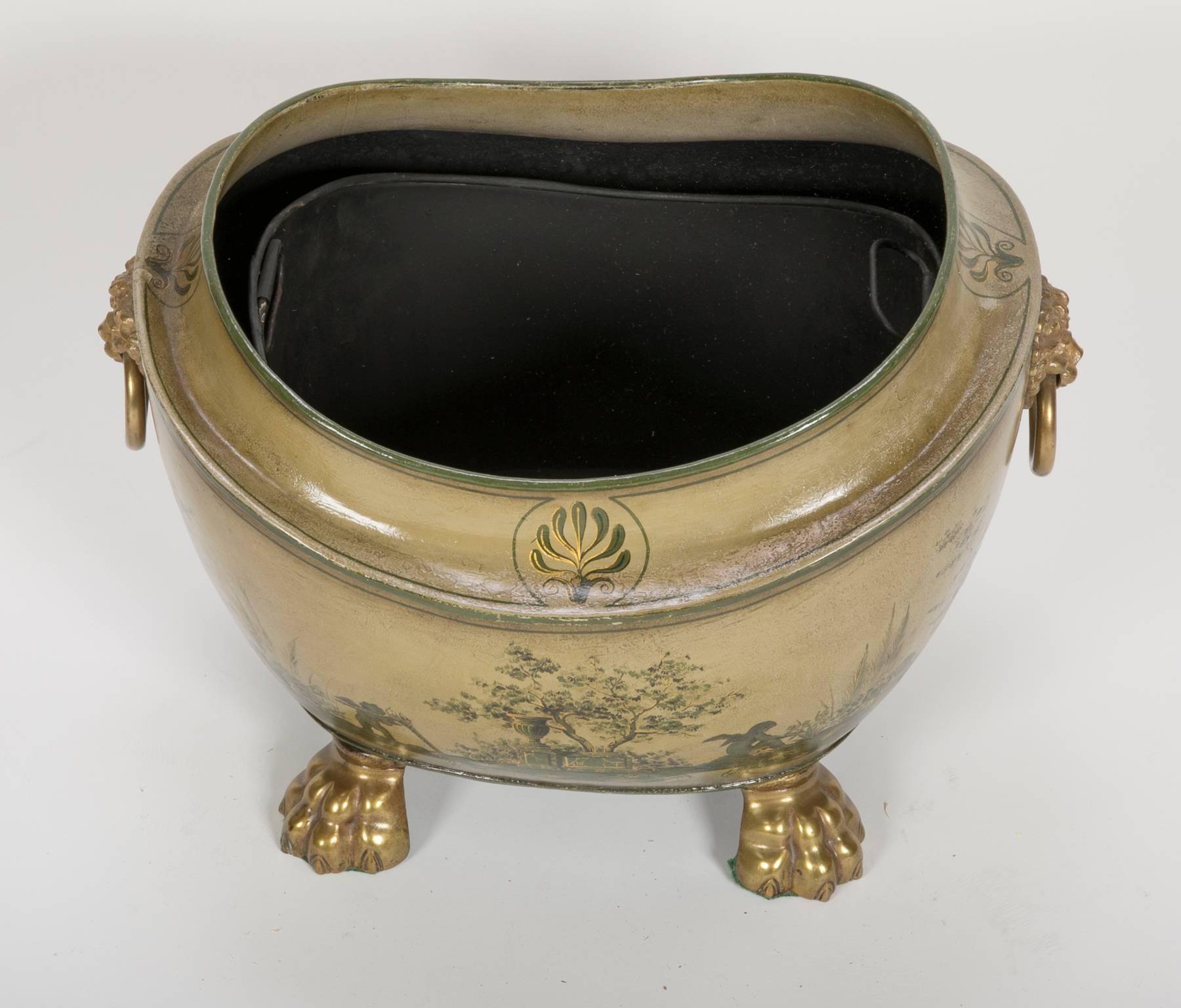 English Regency Olive Green Tole Painted Coal Scuttle with Domed Lid 4