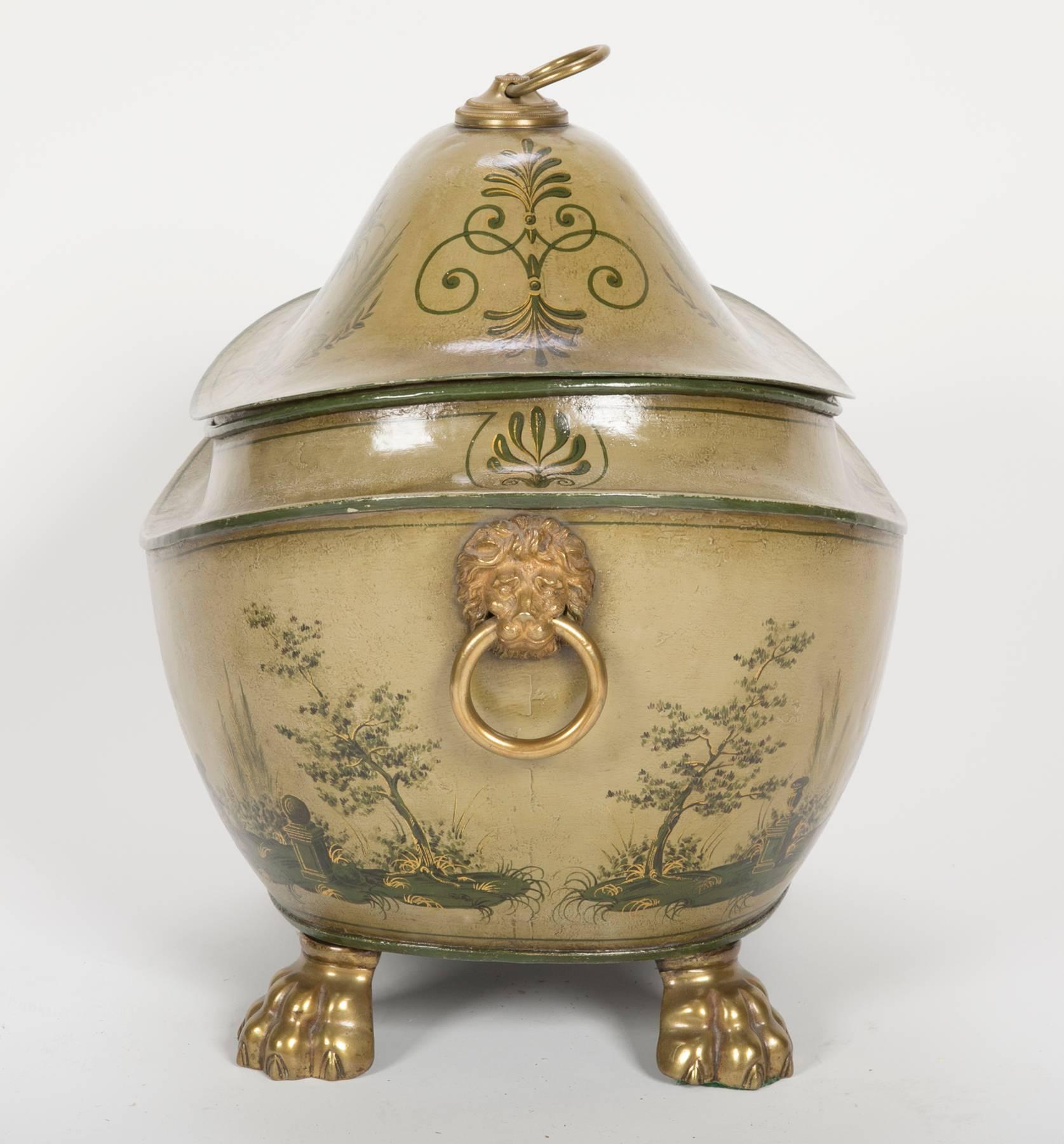 Regency olive green tole painted coal scuttle with domed lid.   England circa 1815.  Provenance, purchased from Kentshire.