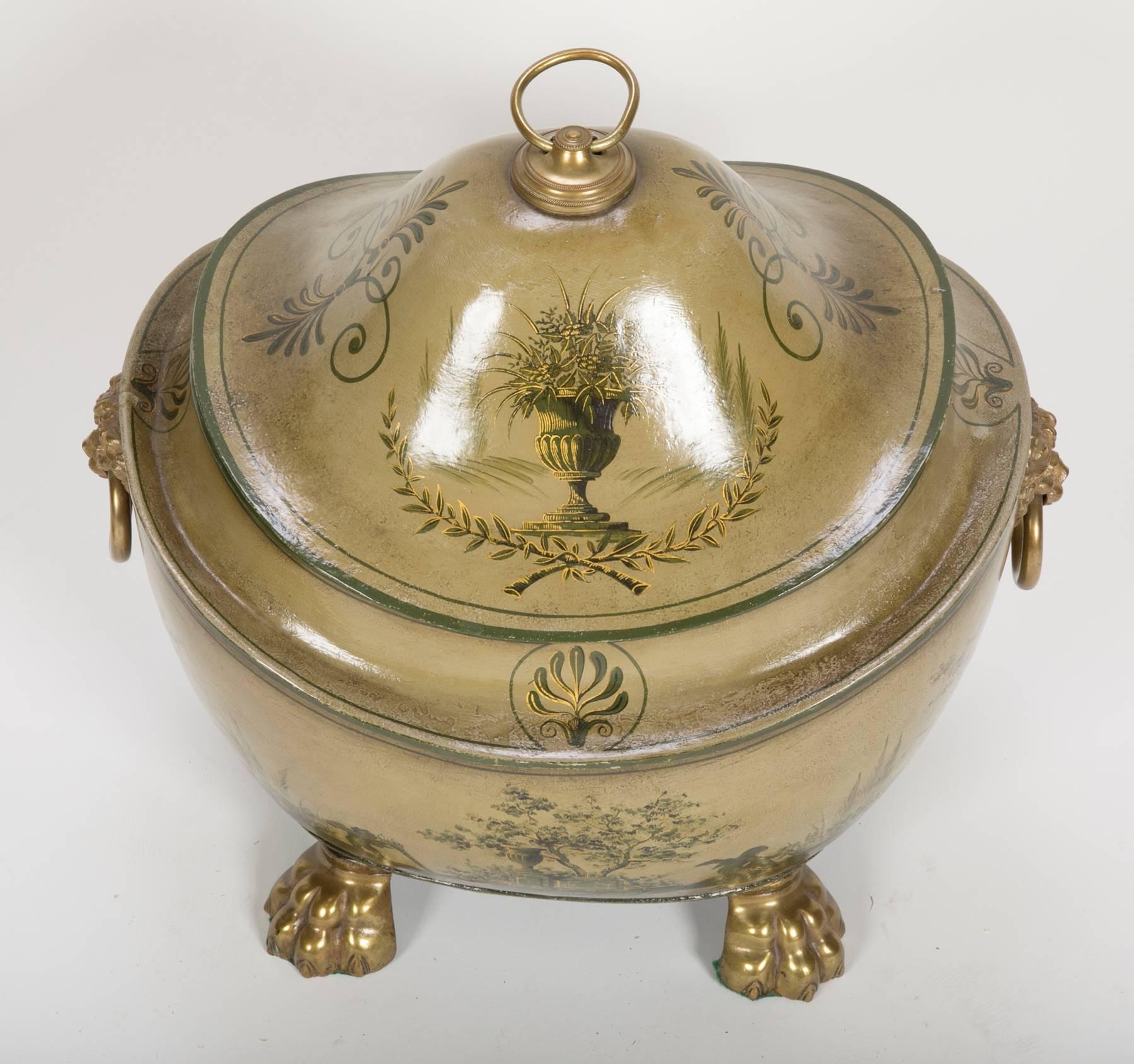 English Regency Olive Green Tole Painted Coal Scuttle with Domed Lid In Good Condition In Stamford, CT