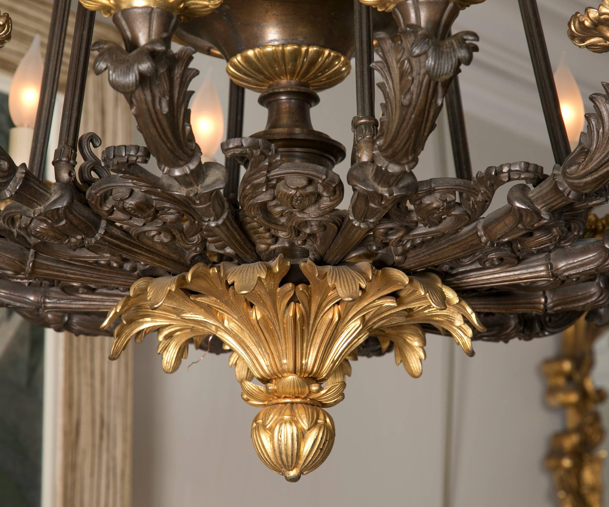 Napoleon III Palatial D'Ore and Patinated Bronze Napoleonic Twelve-Light Chandelier For Sale