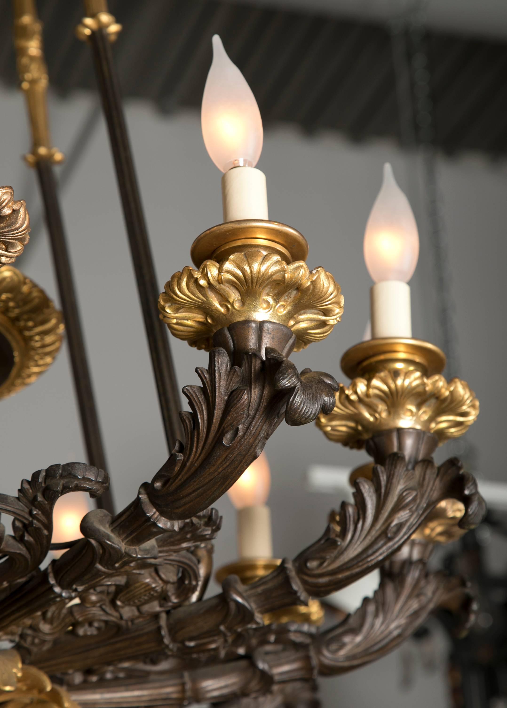 Palatial D'Ore and Patinated Bronze Napoleonic Twelve-Light Chandelier In Good Condition For Sale In Stamford, CT