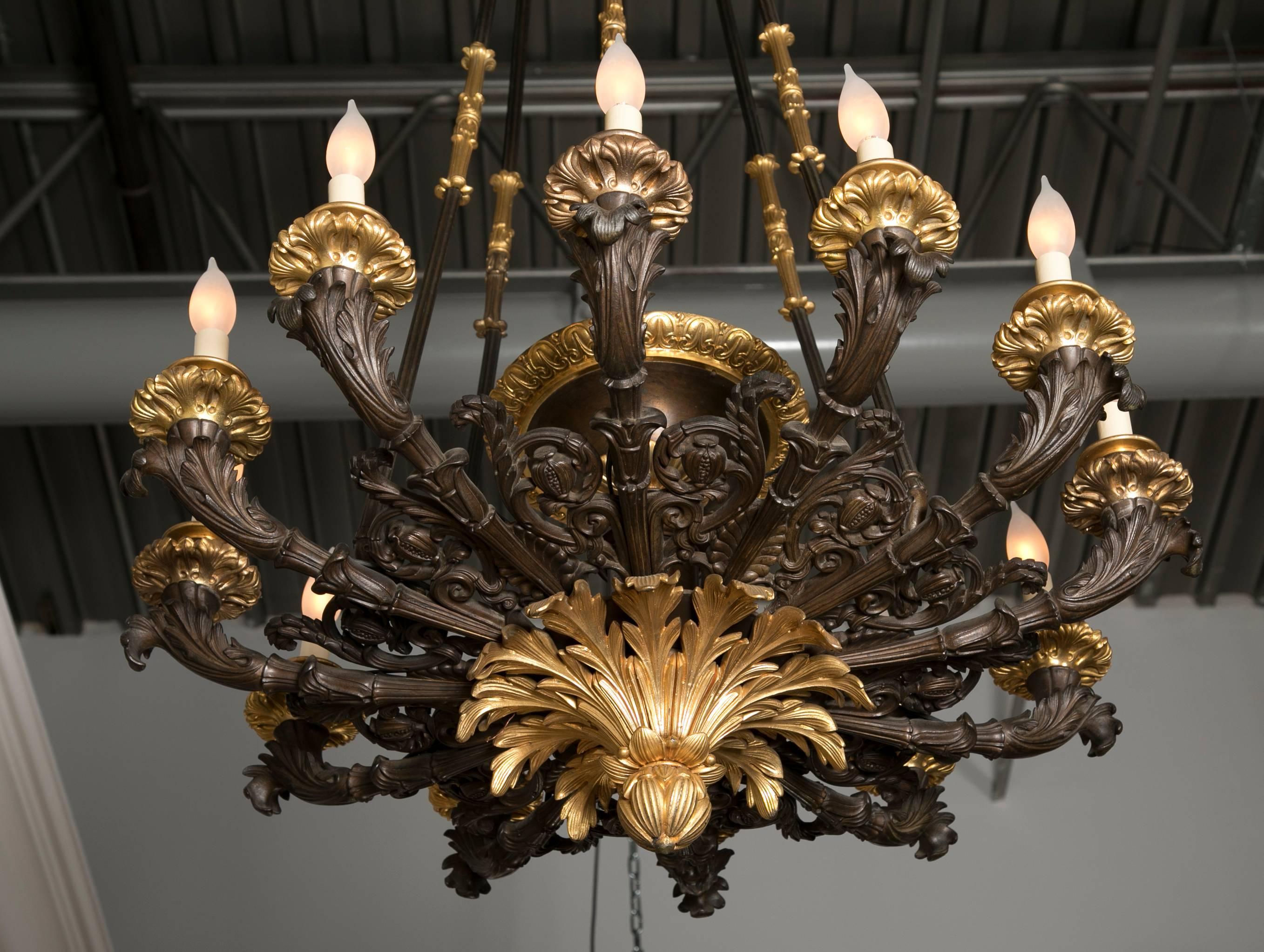 Palatial D'Ore and Patinated Bronze Napoleonic Twelve-Light Chandelier For Sale 2