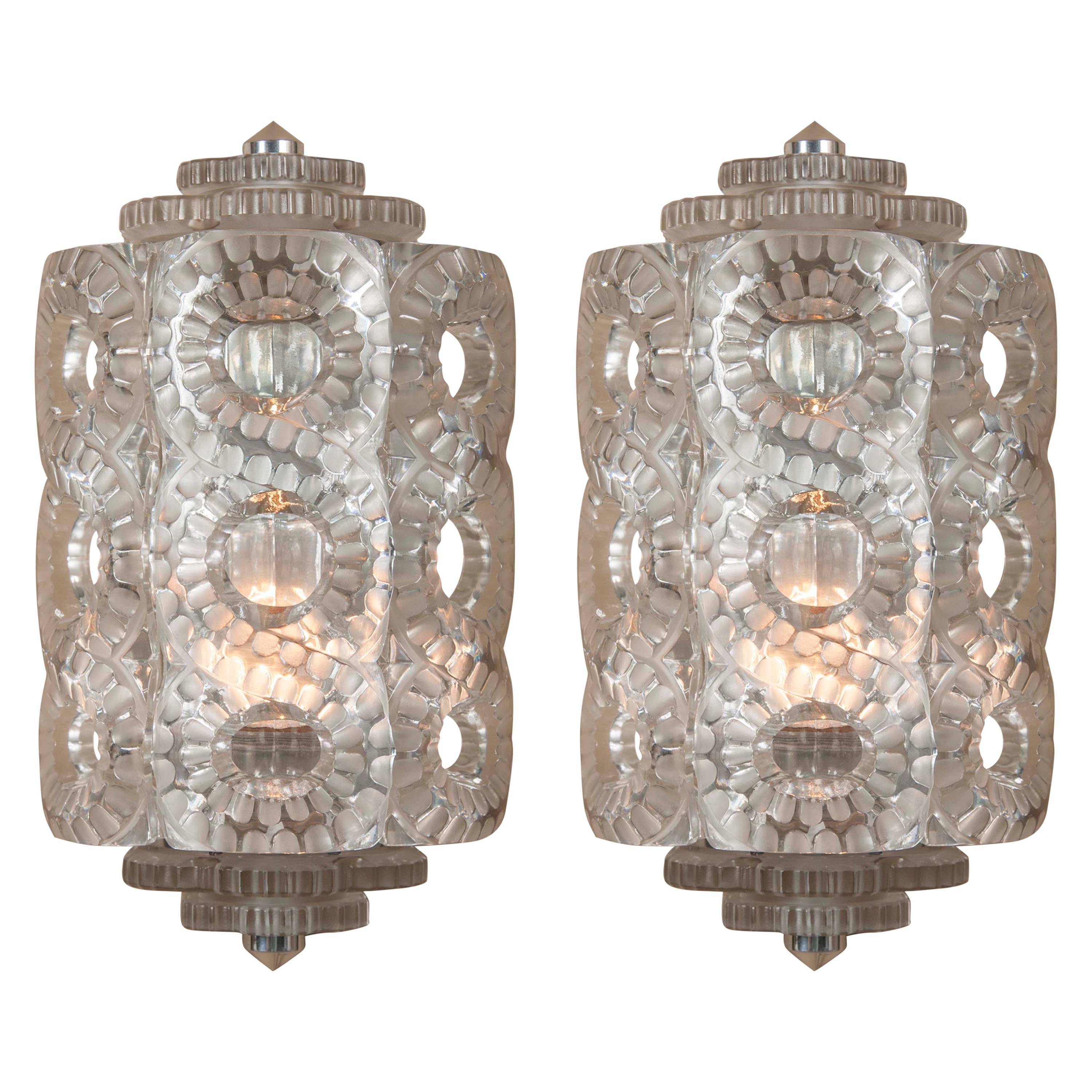 Pair of Lalique "Seville" Frosted Glass Sconces