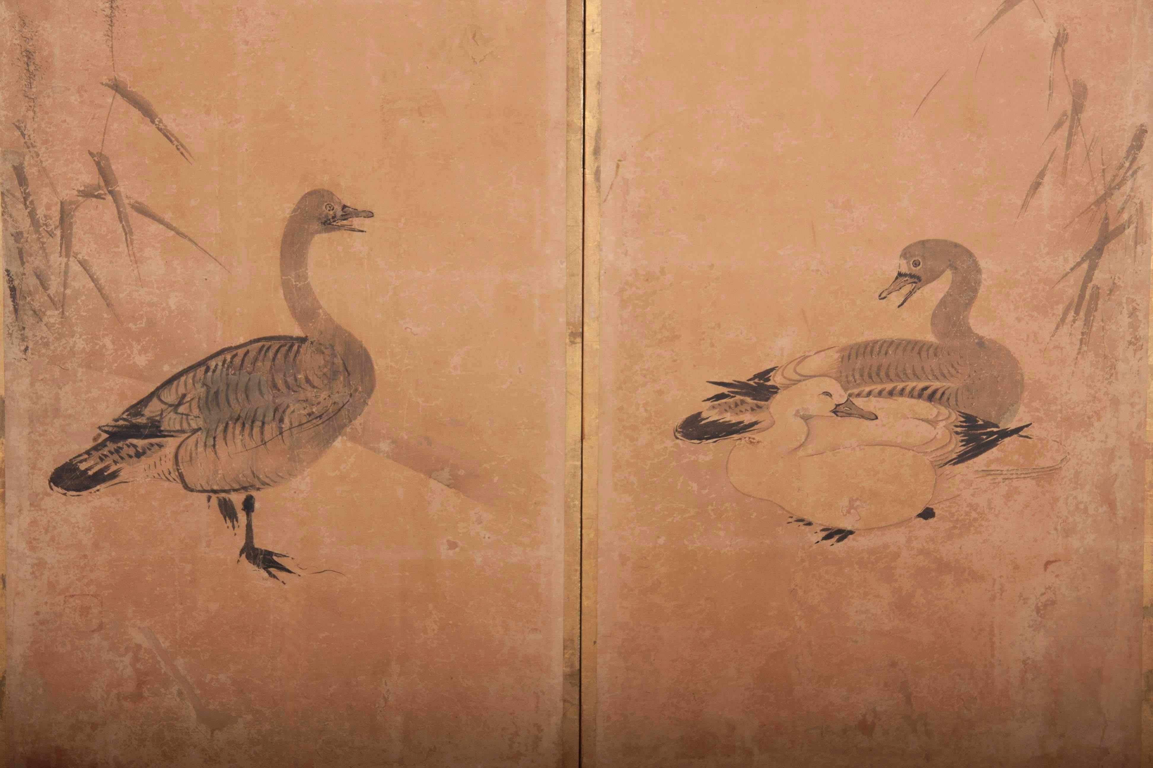 A four-panel, Japanese, Meiji period, painted wall screen depicting ducks and other animals.