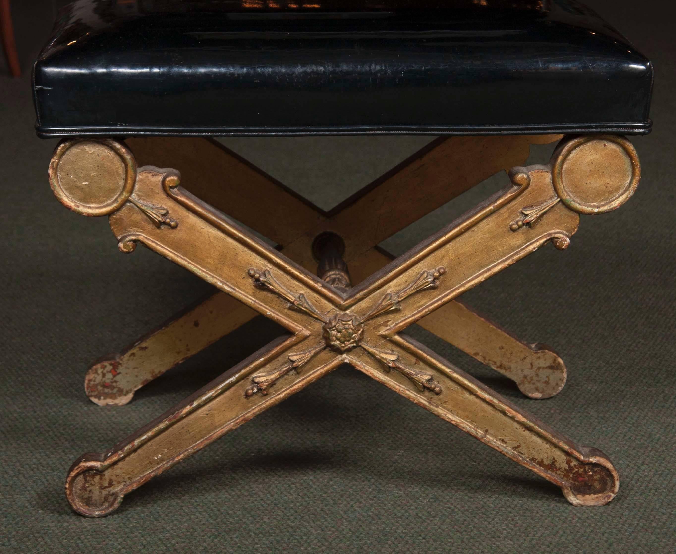 Late 19th Century Empire Giltwood Stool with Vinyl Upholstery