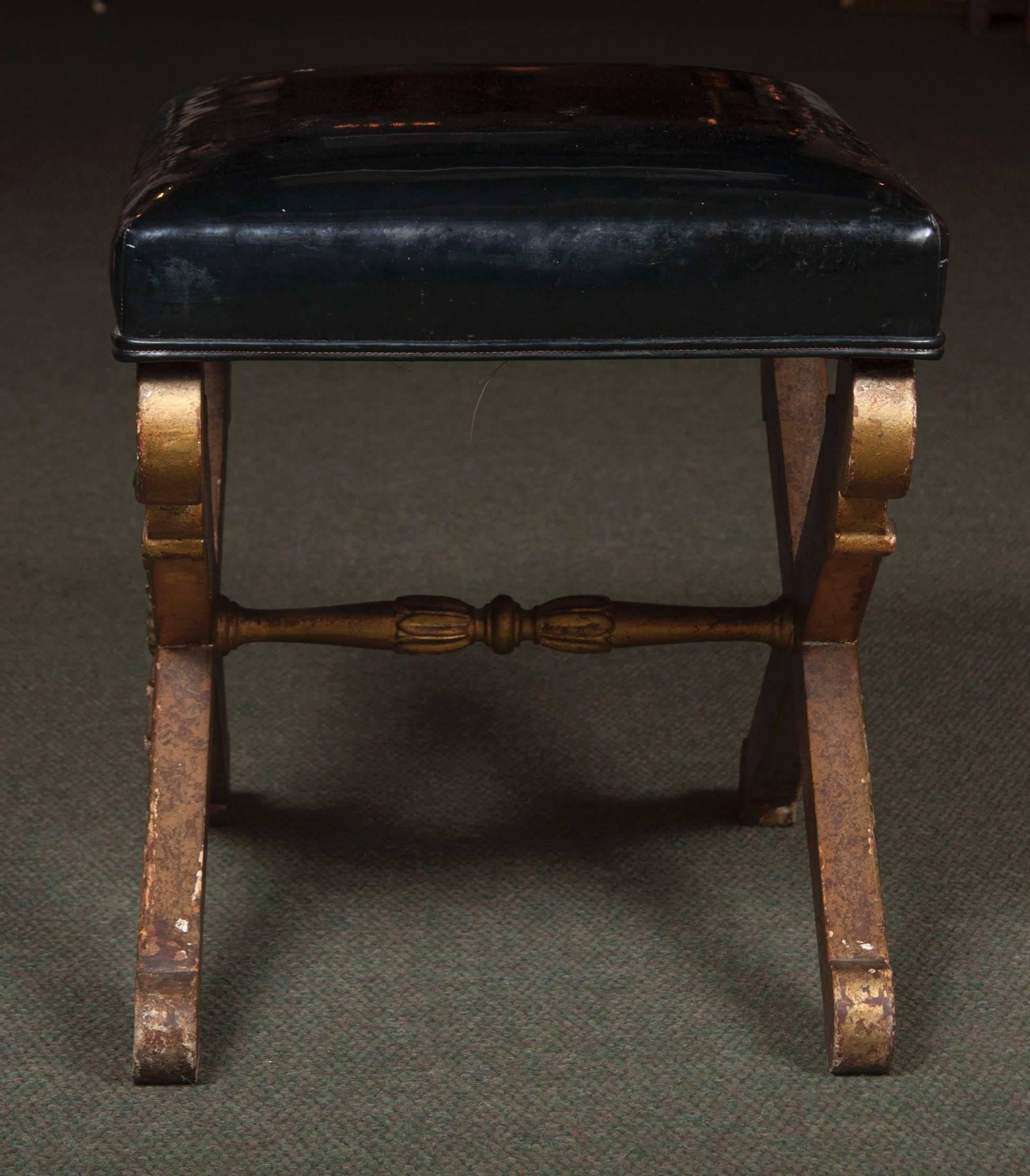 French Empire Giltwood Stool with Vinyl Upholstery