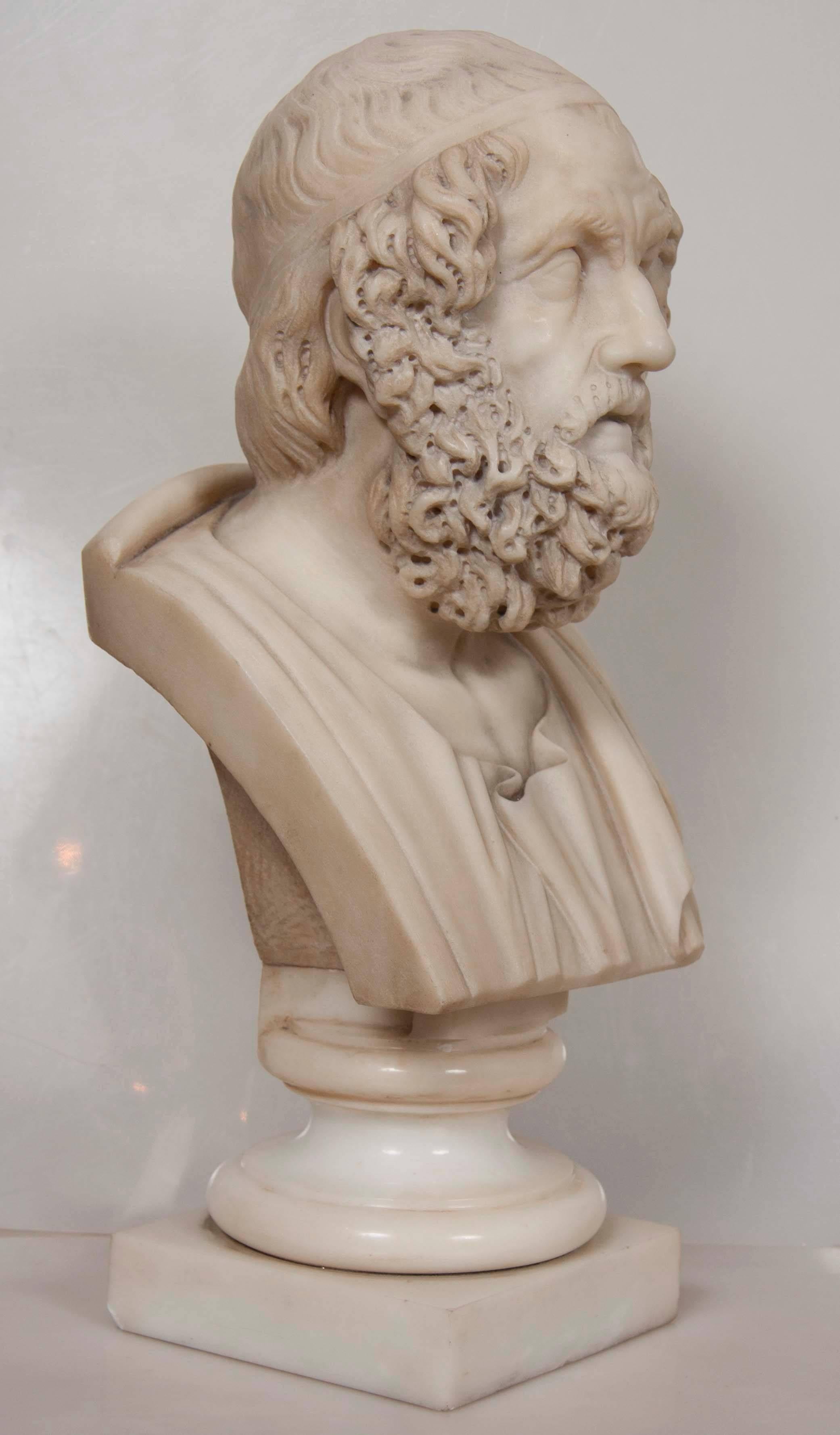 An antique solid marble bust of Homer based on 7-8th century BC model.