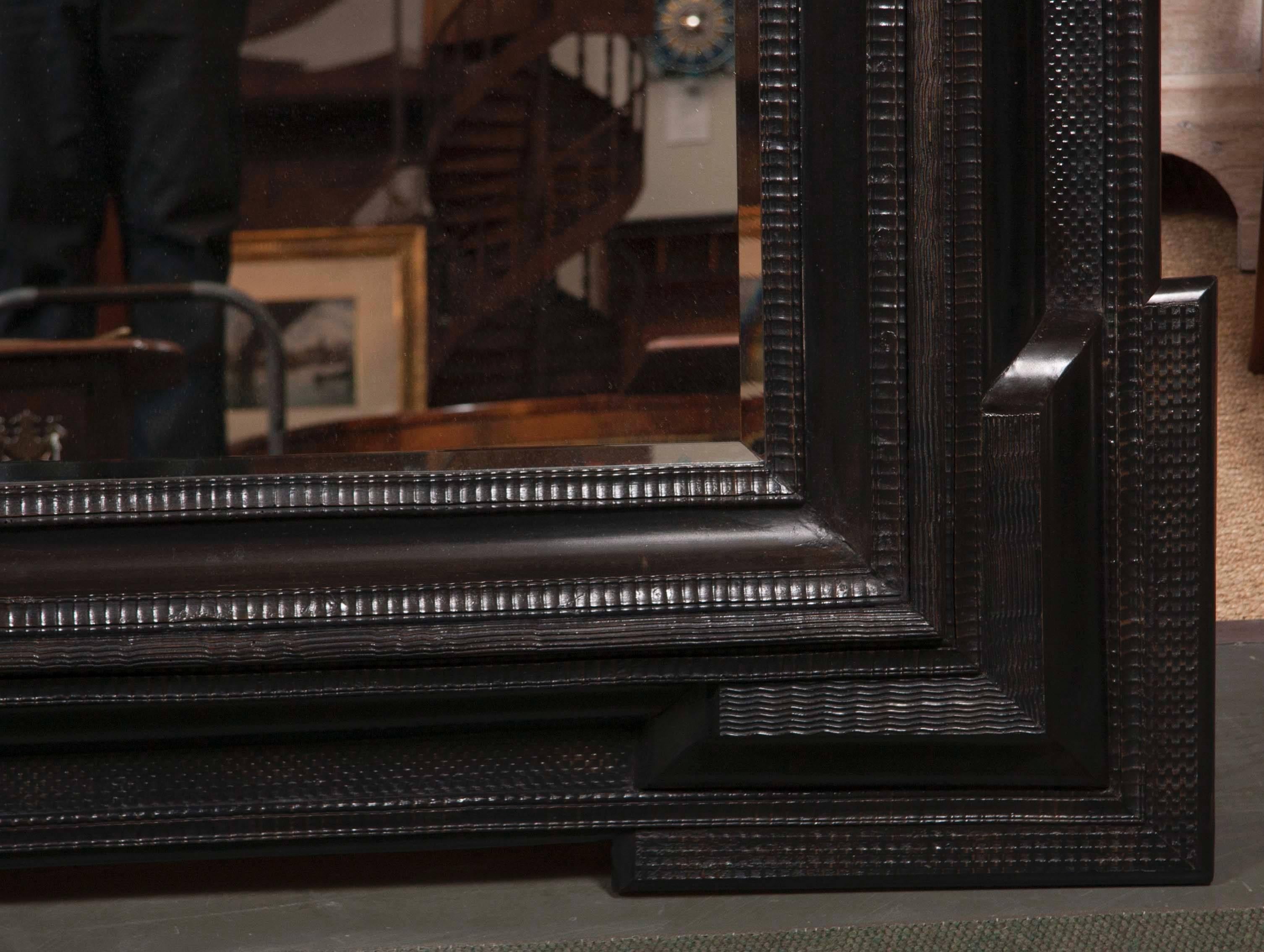 Monumental 19th Century Dutch Ebonized Black Crossetted Corner Framed Mirror In Good Condition In Stamford, CT