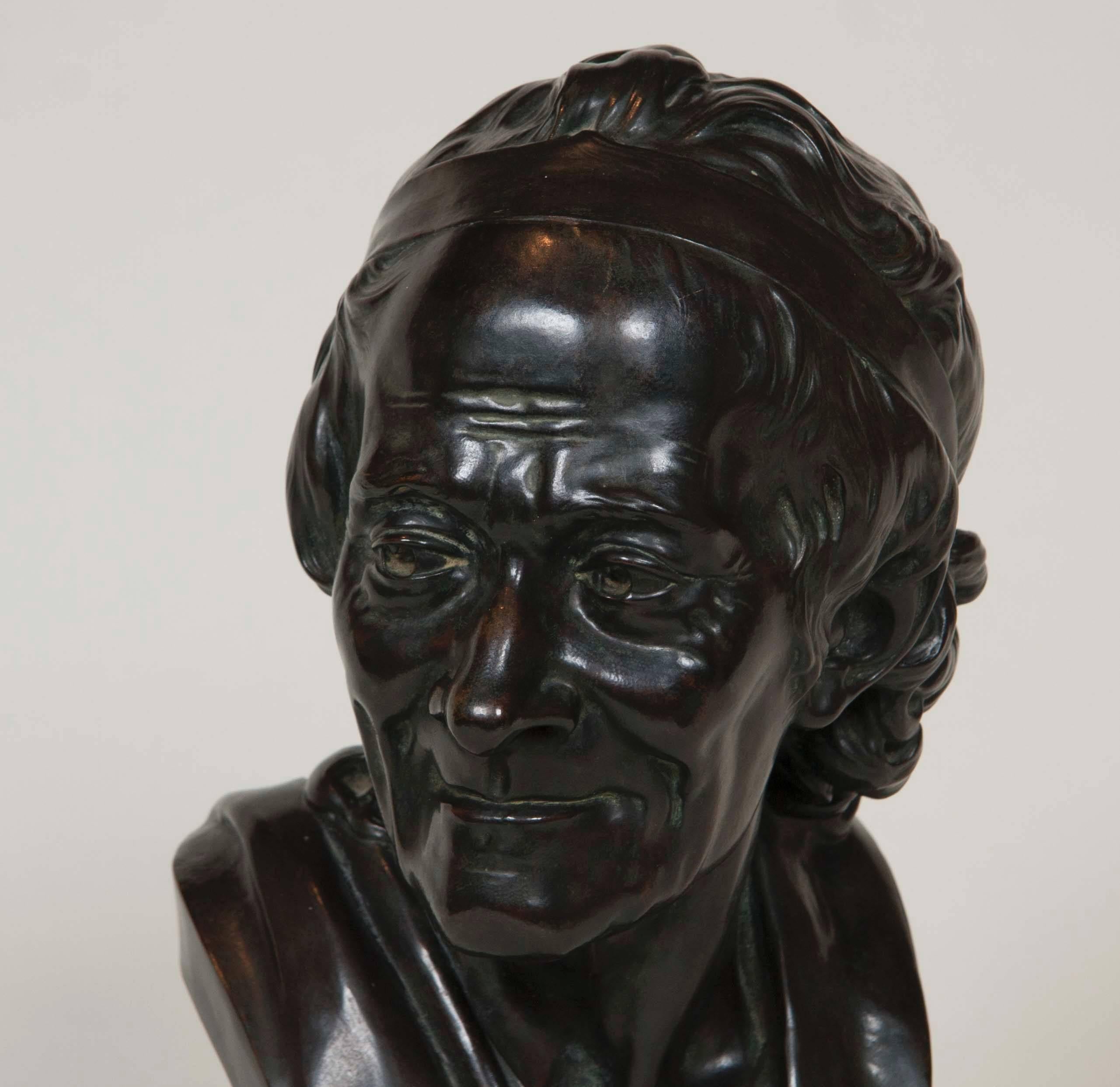 Bronze Bust of Voltaire after Jean Antoine Houdon In Good Condition In Stamford, CT