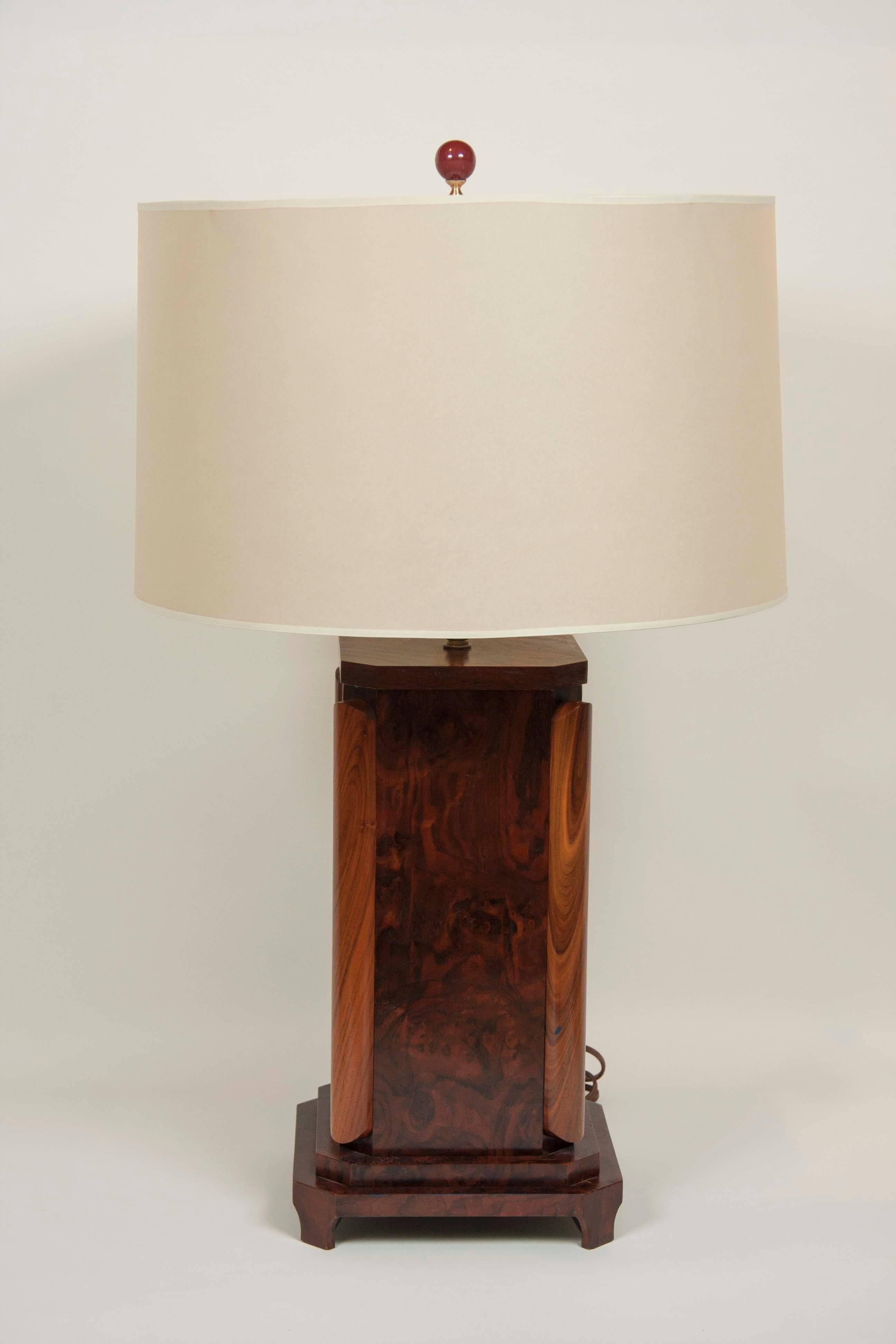Mid-Century Modern Large Craftsman Burled Mahogany Table Lamp For Sale