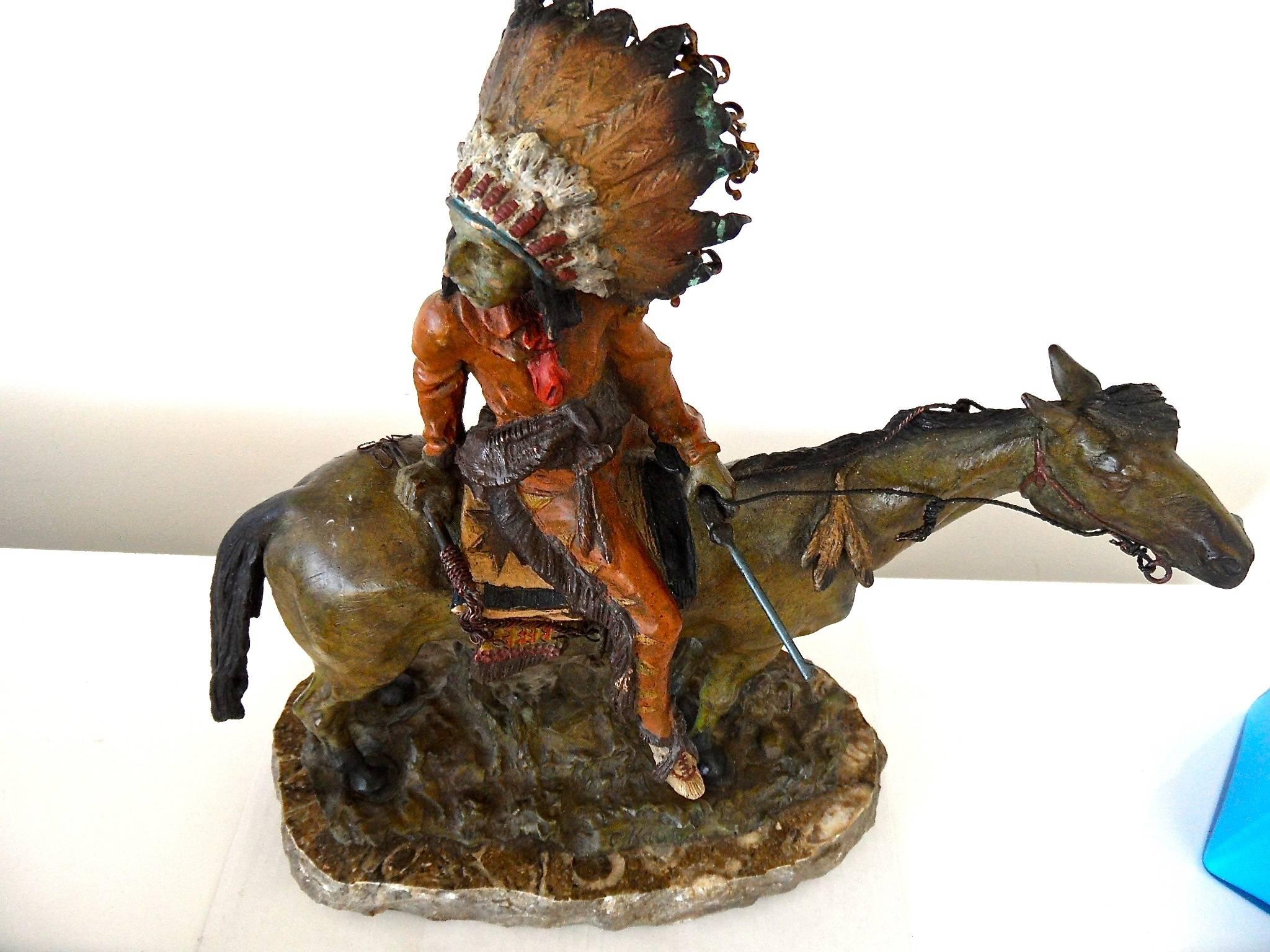 Original Carl Kauba Poly-chromed bronze of American Indian on Horseback. All original including the base. Cast in his native town of Vienna with extreme care and detail. Signed C. Kauba.

Kauba was known for his exceptional detail and cold painted