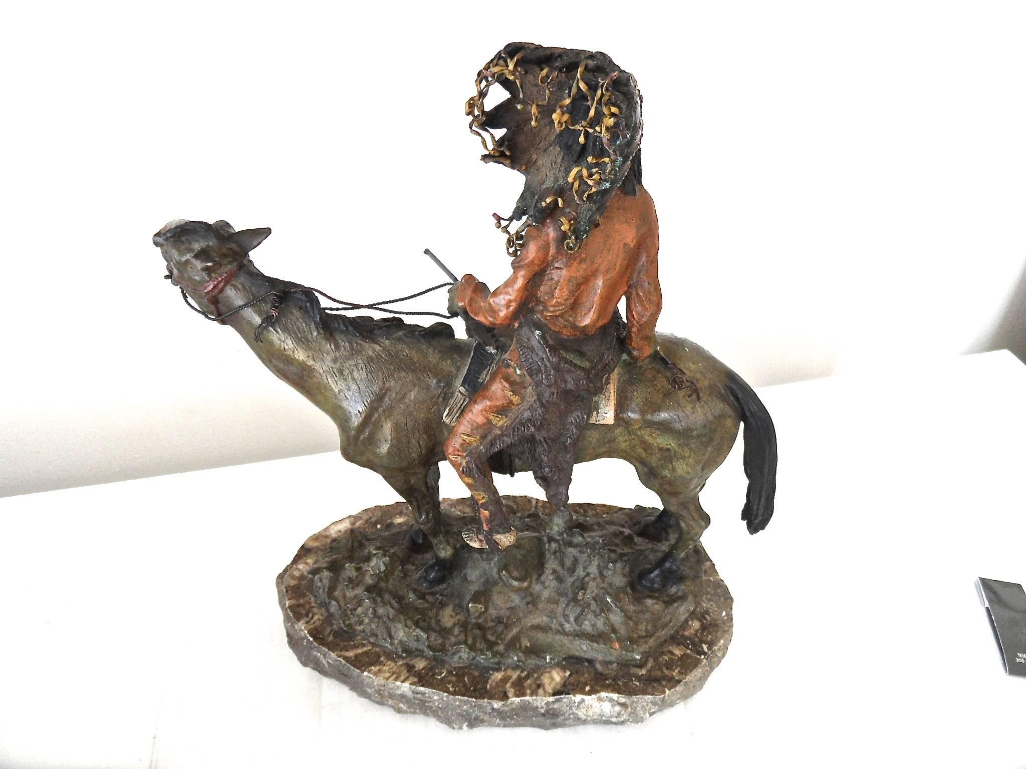 Cast Carl Kauba Polychromed Bronze of American Indian on Horseback