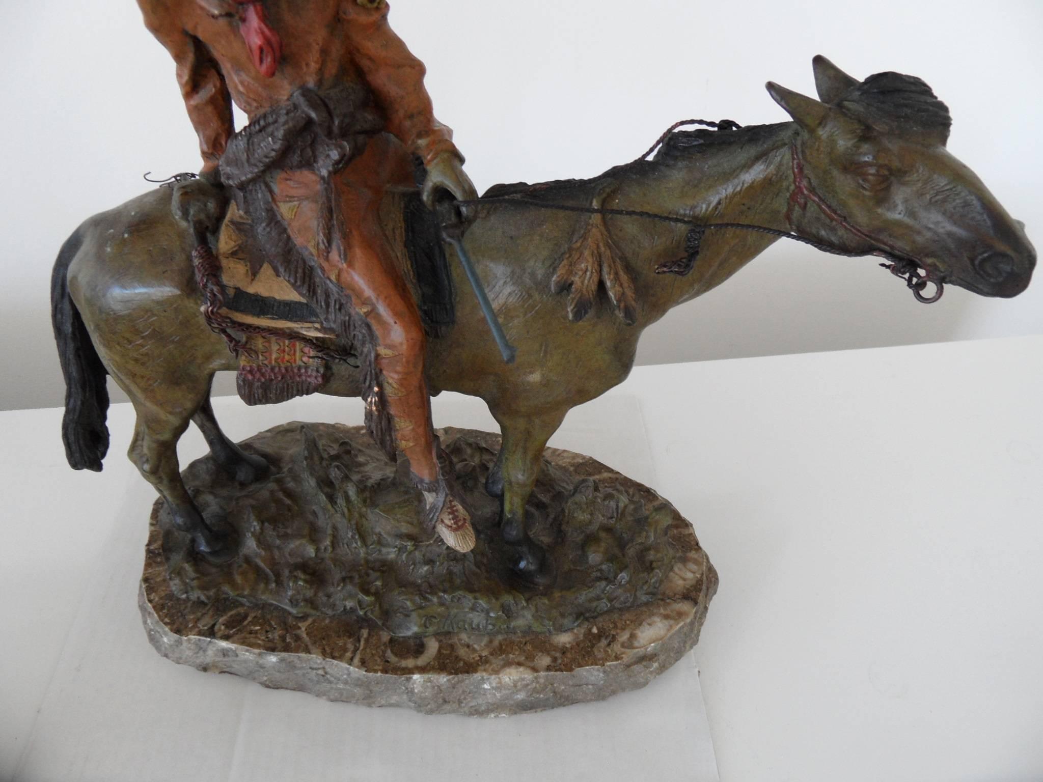 Carl Kauba Polychromed Bronze of American Indian on Horseback 1