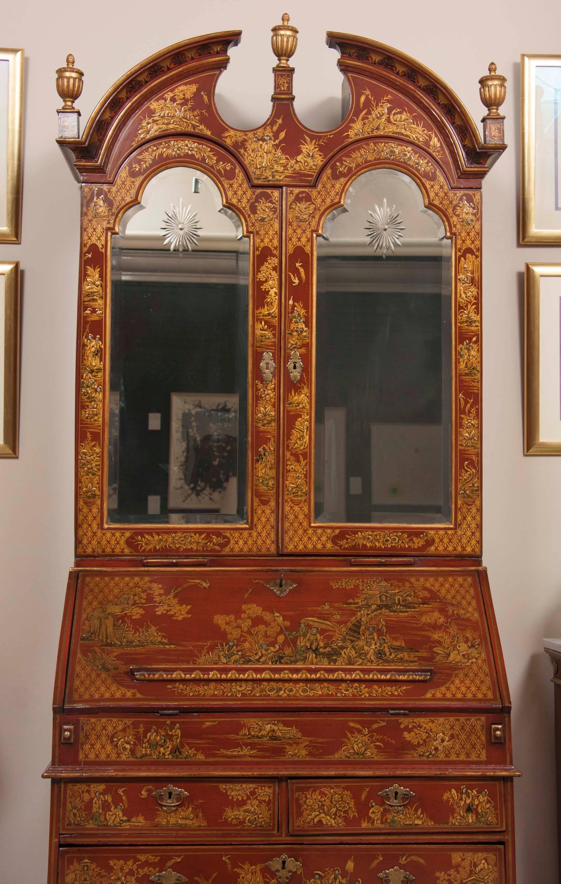 Lacquered English Scarlet Gilt and Polychrome Japanned Secretary For Sale