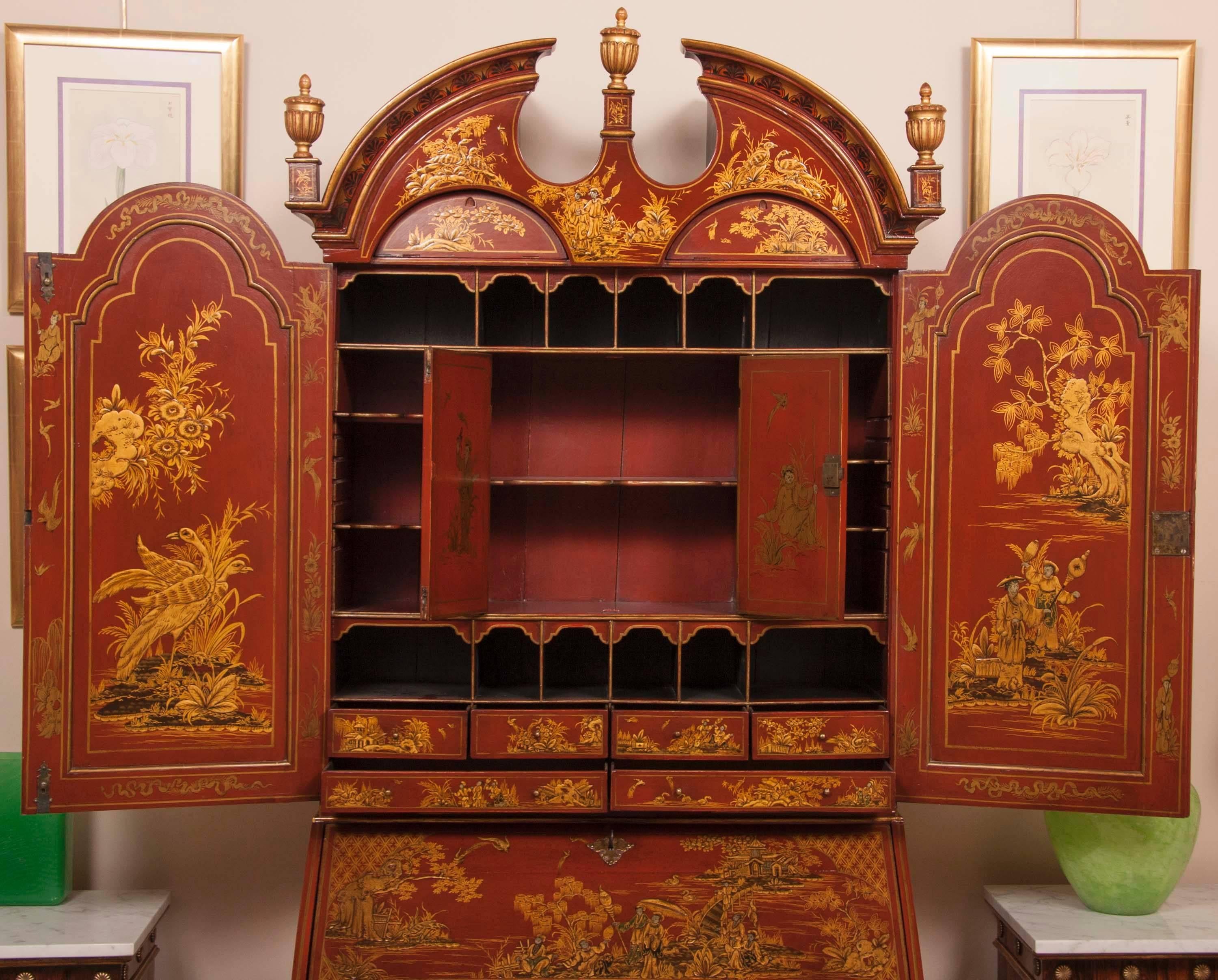 18th Century and Earlier English Scarlet Gilt and Polychrome Japanned Secretary For Sale