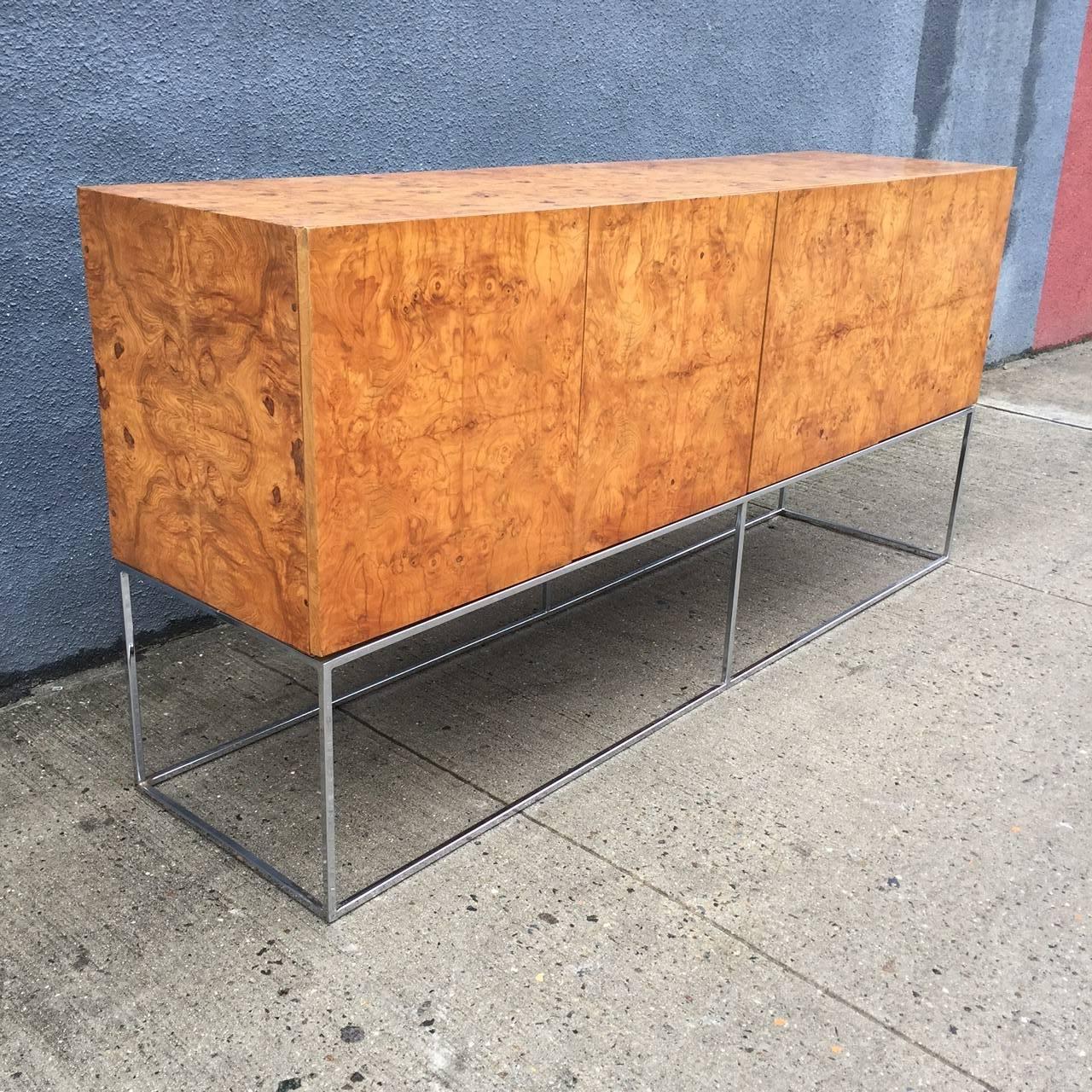 American Milo Baughman for Thayer Coggin Sideboard/Credenza in Bookmatched Olive Burlwood