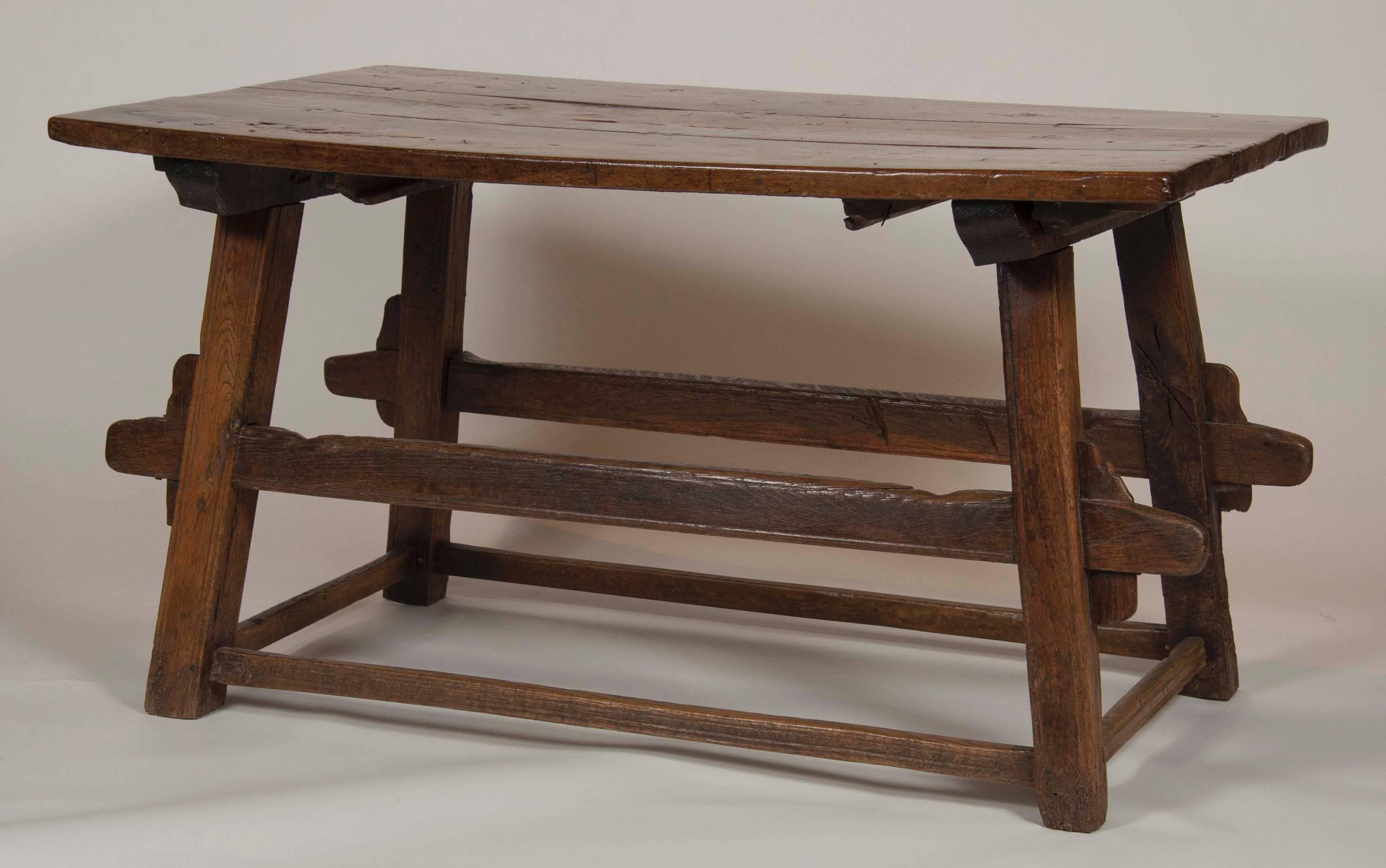 Continental Oak Trestle Table In Good Condition In Stamford, CT