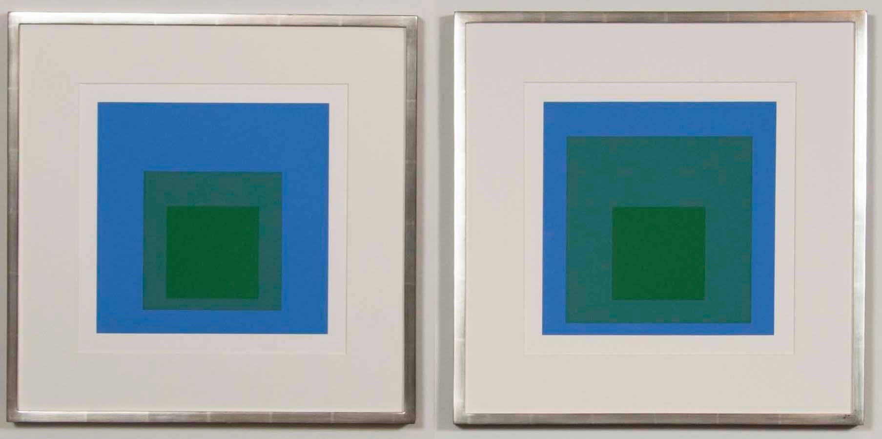 Josef Albers Homage to the square from Formations: Articulation 1972. Silkscreen prints, Follio II Folders 32 and 33. Floated in silver gilt frame using all acid free archival materials. #176 of 1000 printed.
Printed by Sirocco Screen printing, New