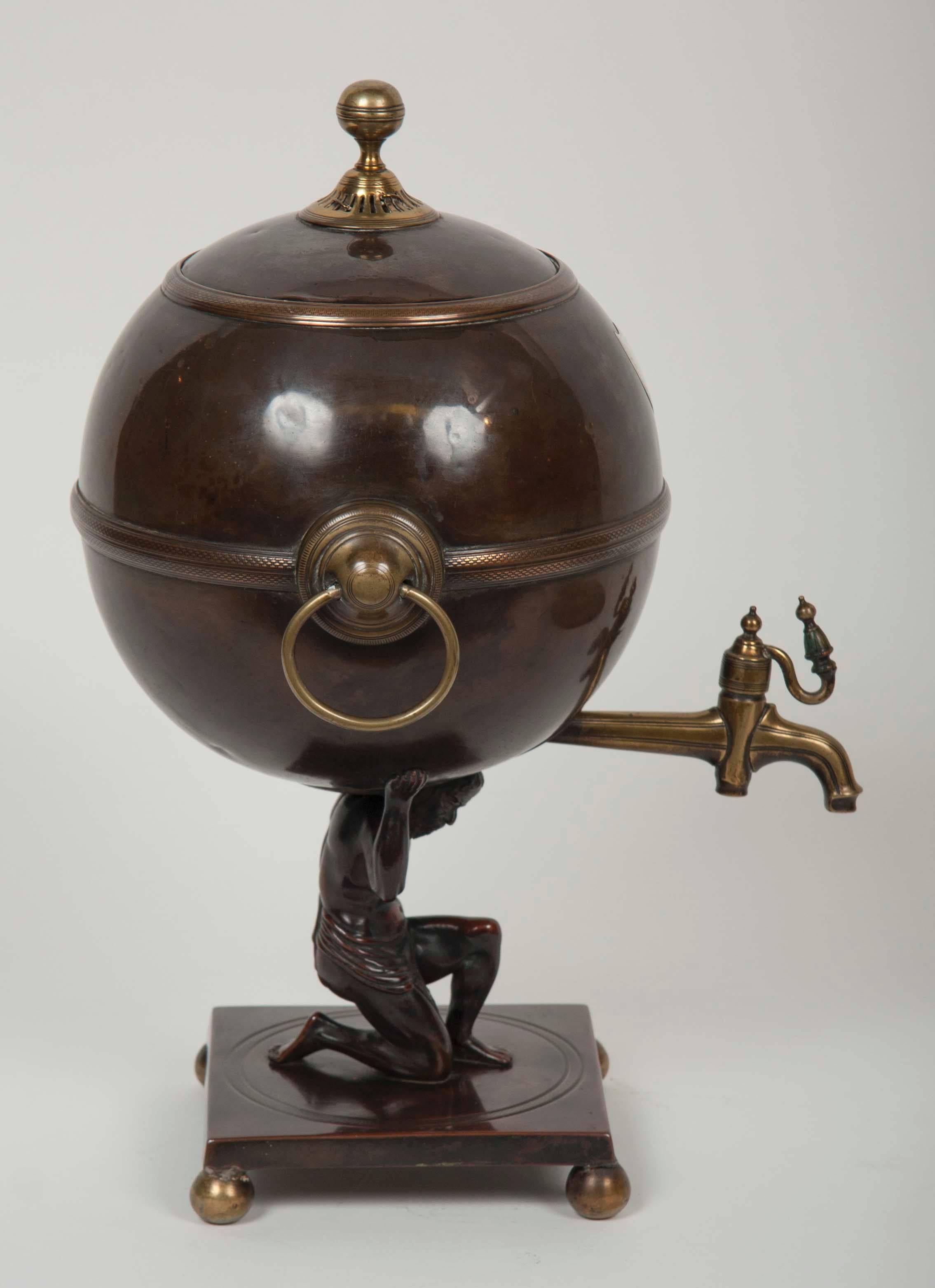 Patinated Metal and Brass Samovar Depicting Atlas In Good Condition In Stamford, CT