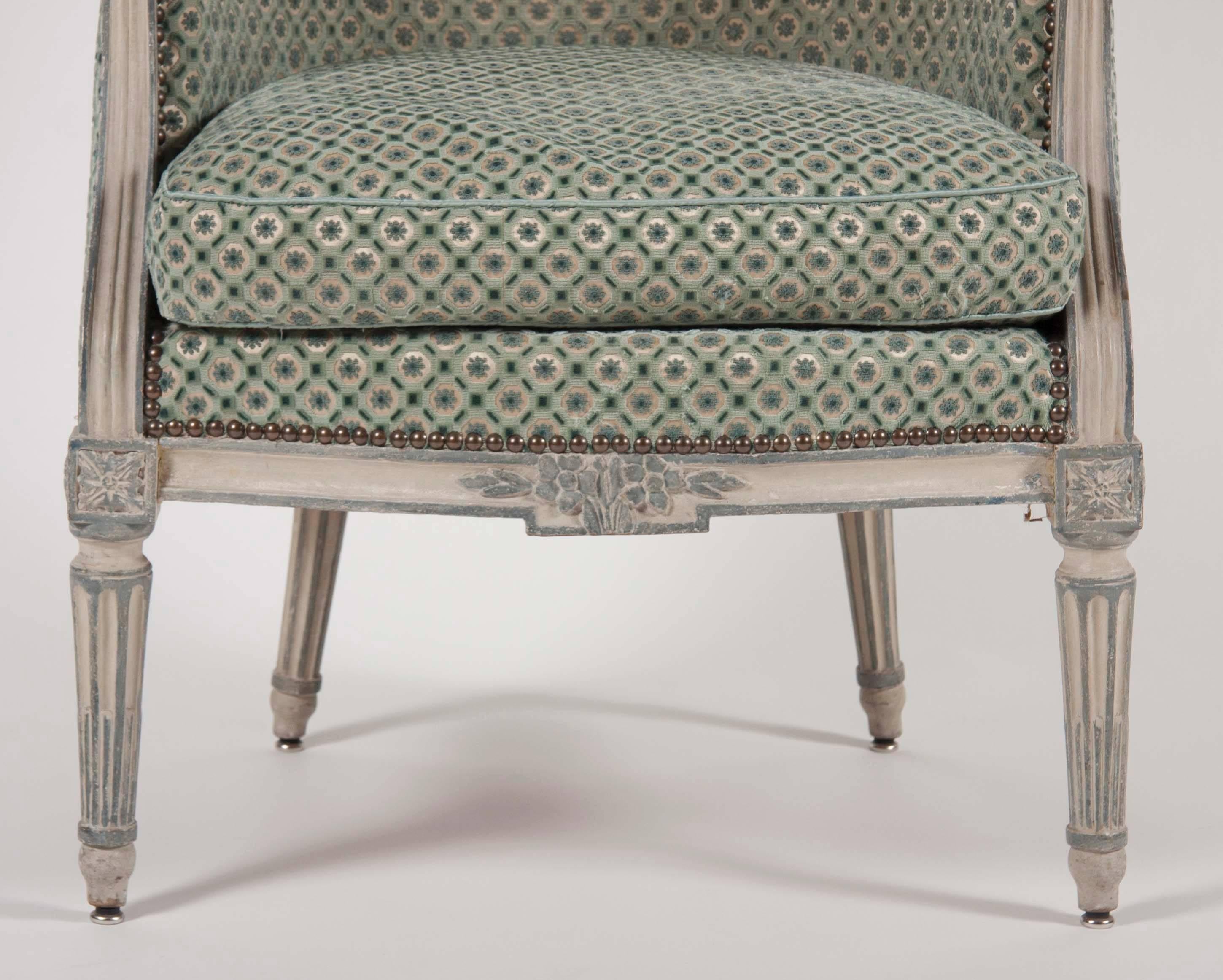 Pair of Louis XVI Blue and Grey Painted Upholstered Bergeres 3