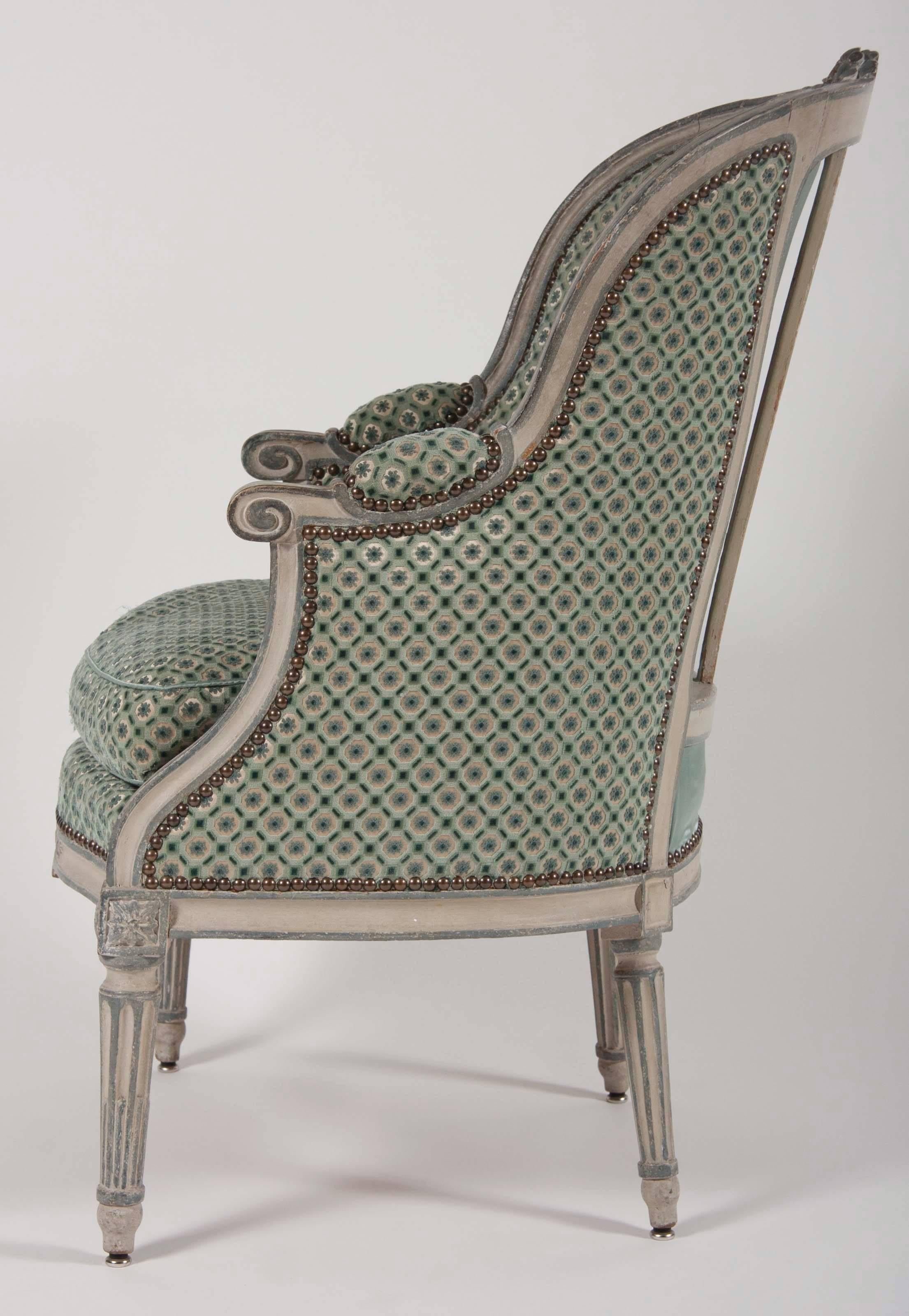 French Pair of Louis XVI Blue and Grey Painted Upholstered Bergeres