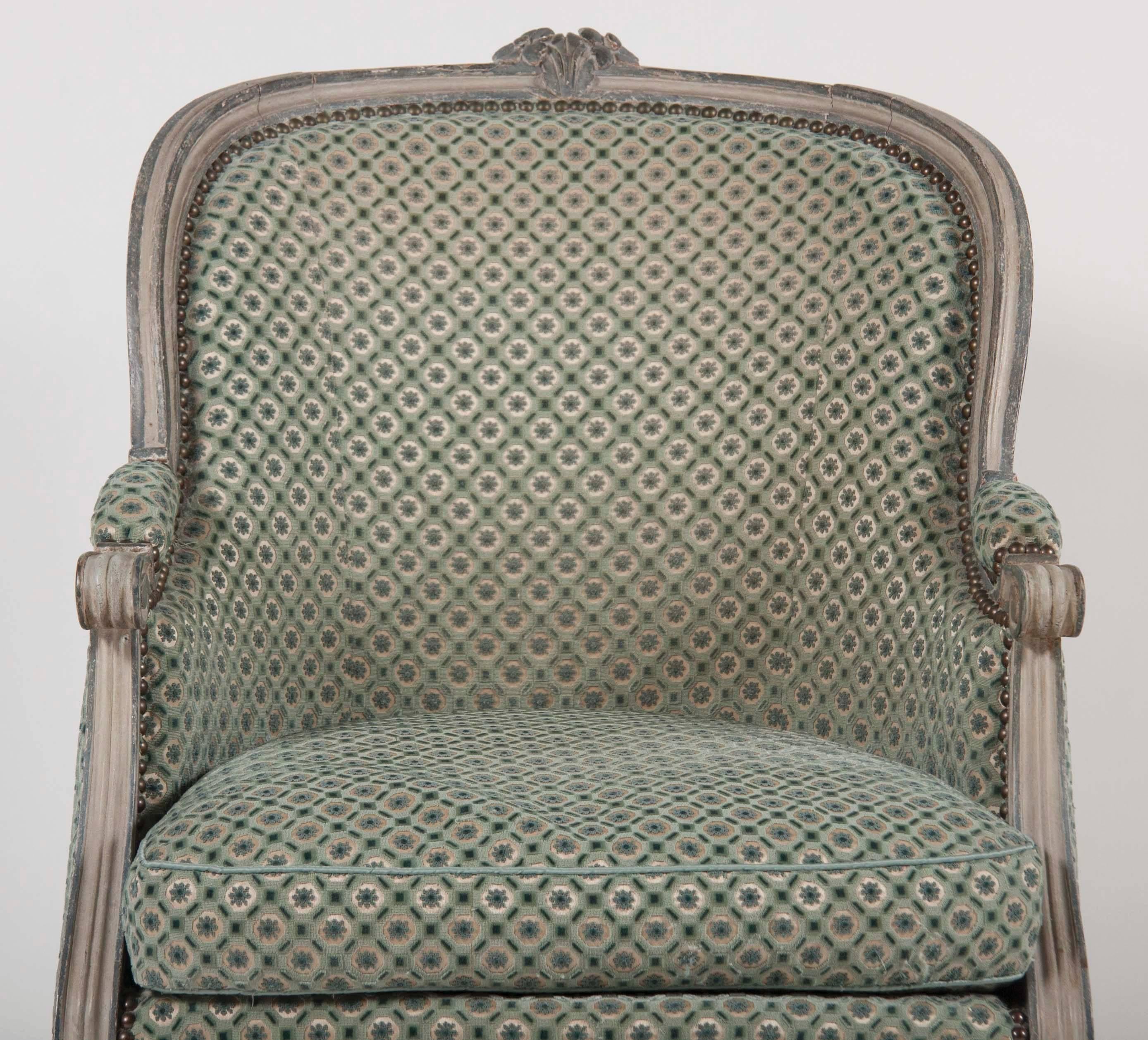 Late 18th Century Pair of Louis XVI Blue and Grey Painted Upholstered Bergeres