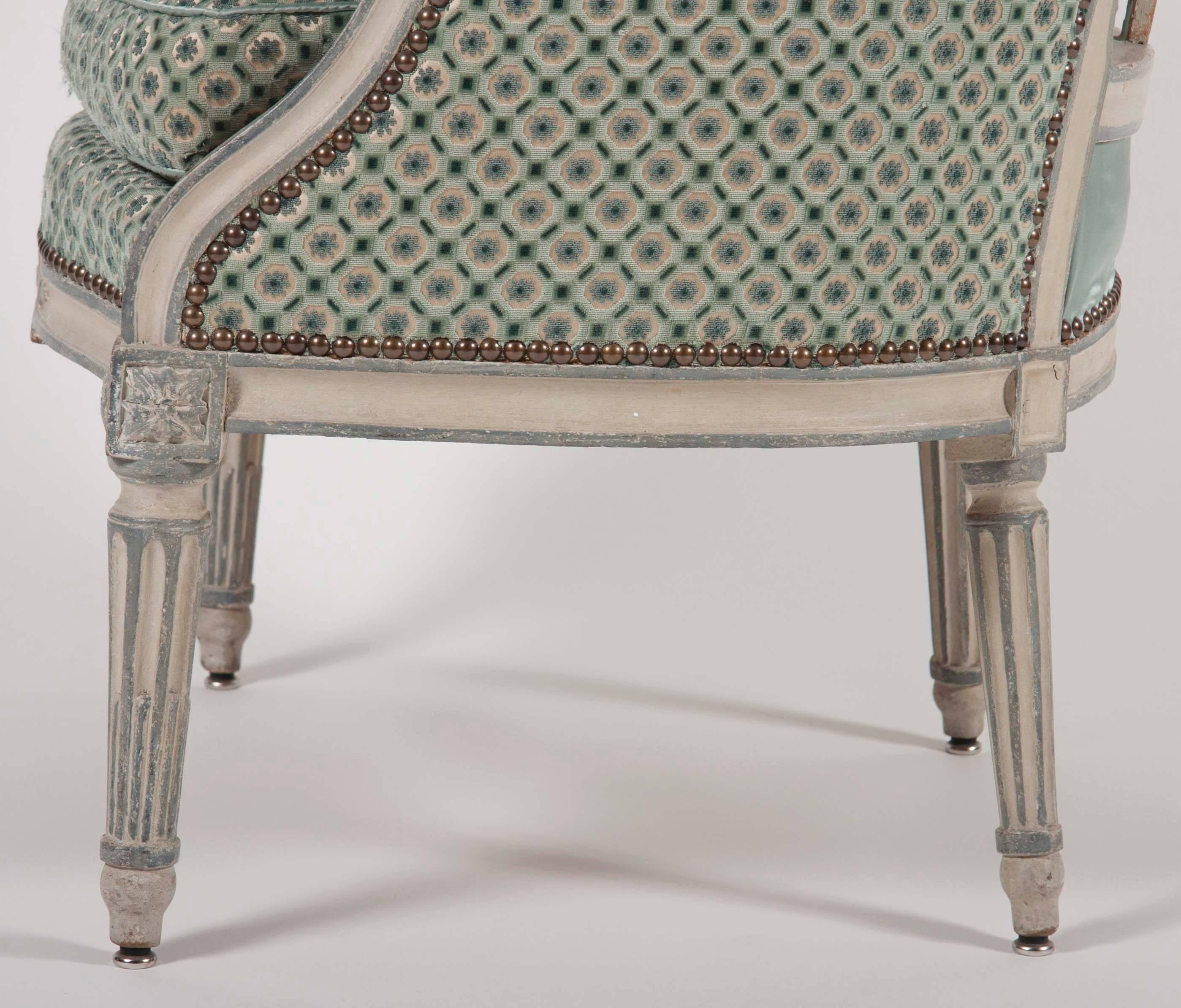 Pair of Louis XVI Blue and Grey Painted Upholstered Bergeres 4