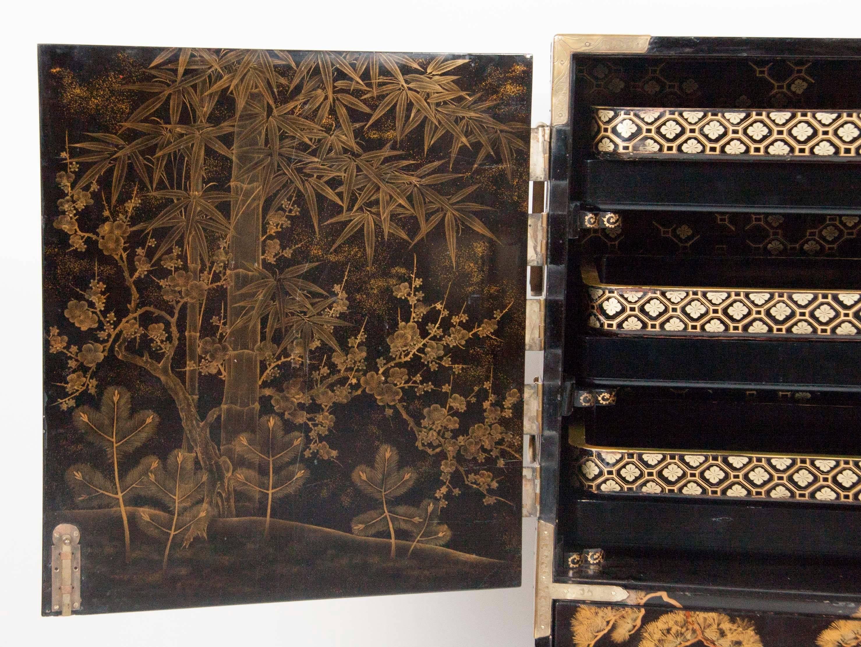 Wood Striking Japanese Gilt and Black Lacquer Cabinet on Later Stand