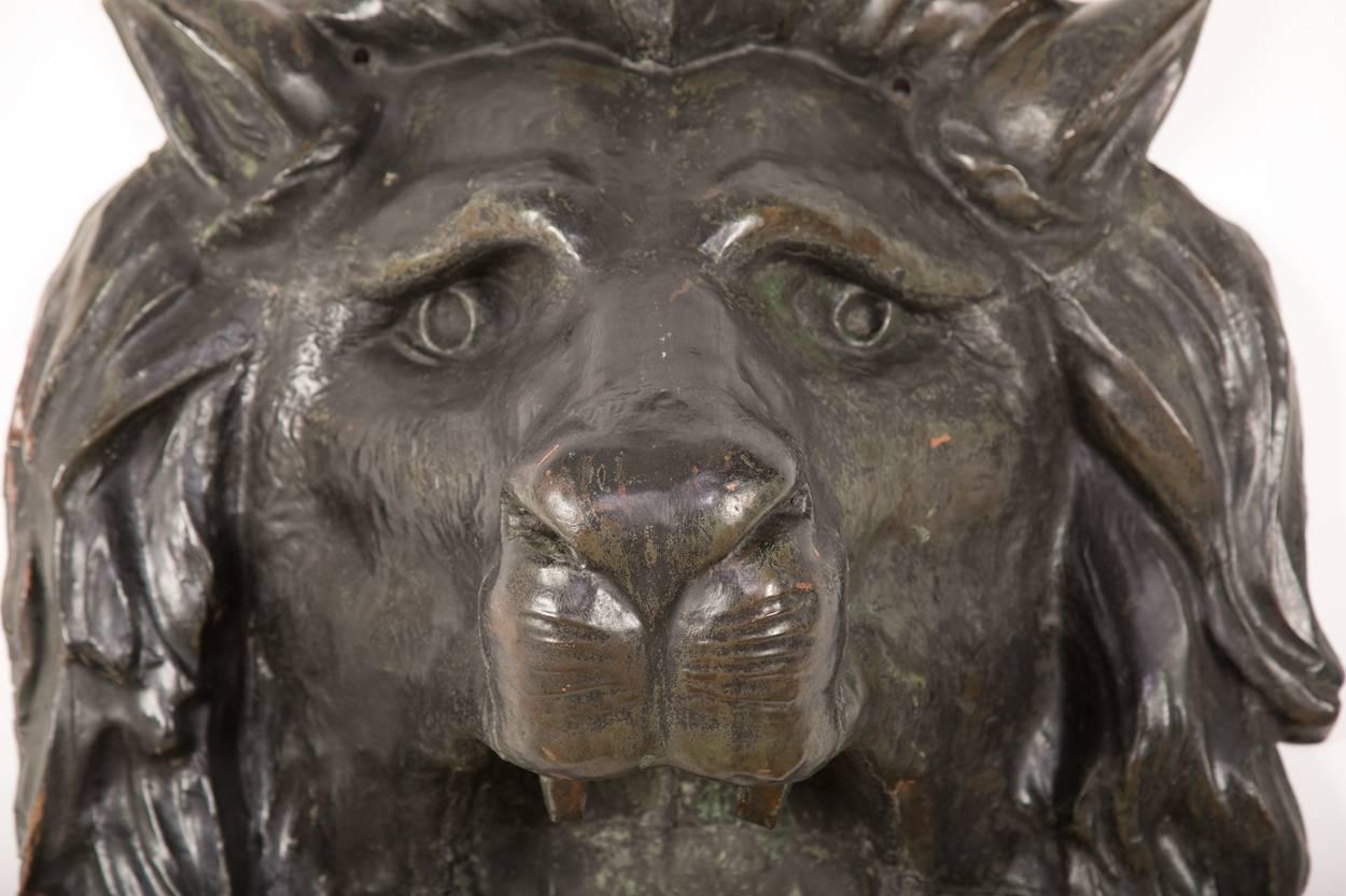 Repousse sheet copper lion's head architectural element from the Union Railroad Station, Worcester, Massachusetts, circa 1875.