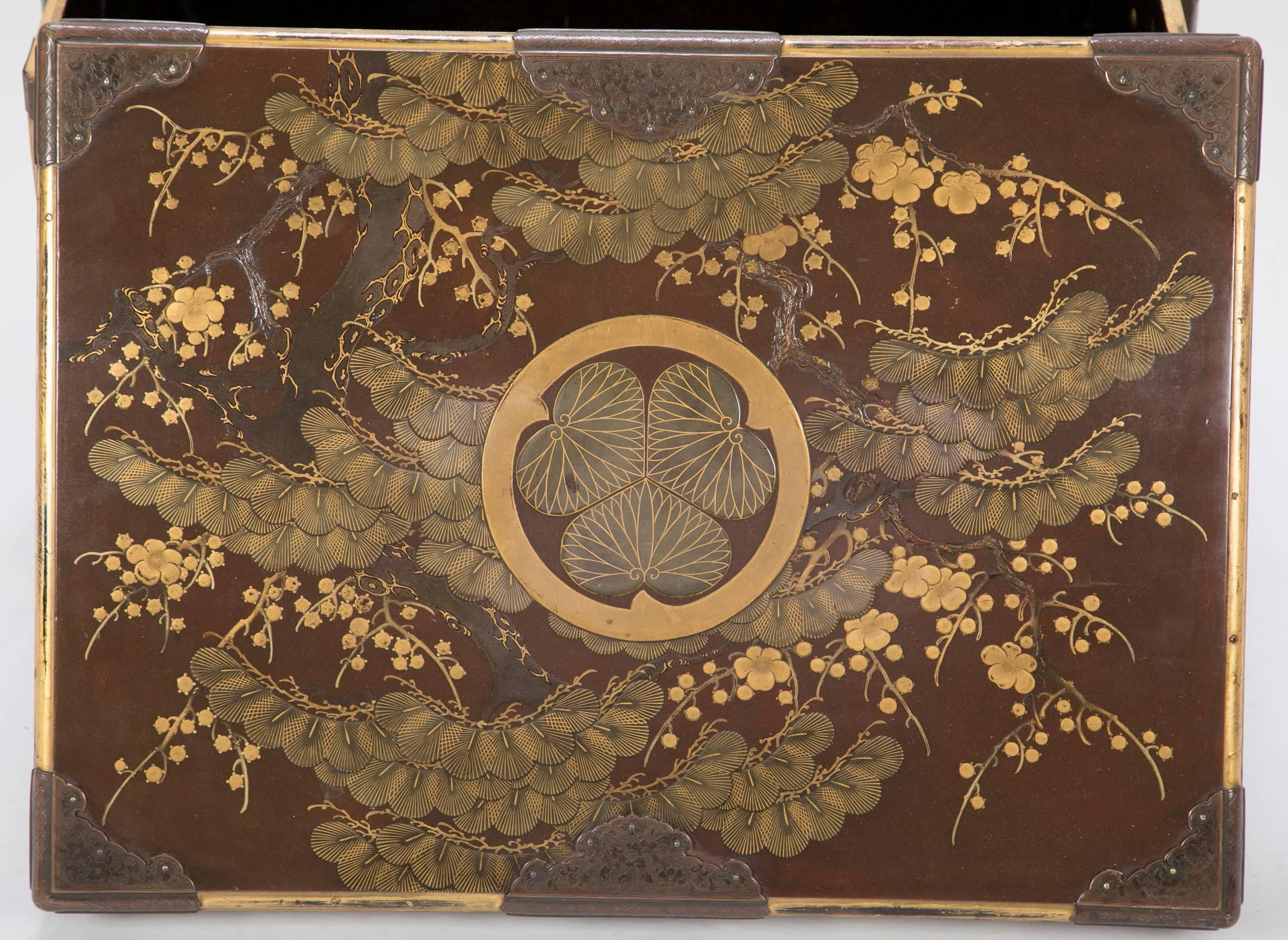 Japanese Gilt and Lacquered Karabitsu (Trunk) with Lotus Leaf Mon 3