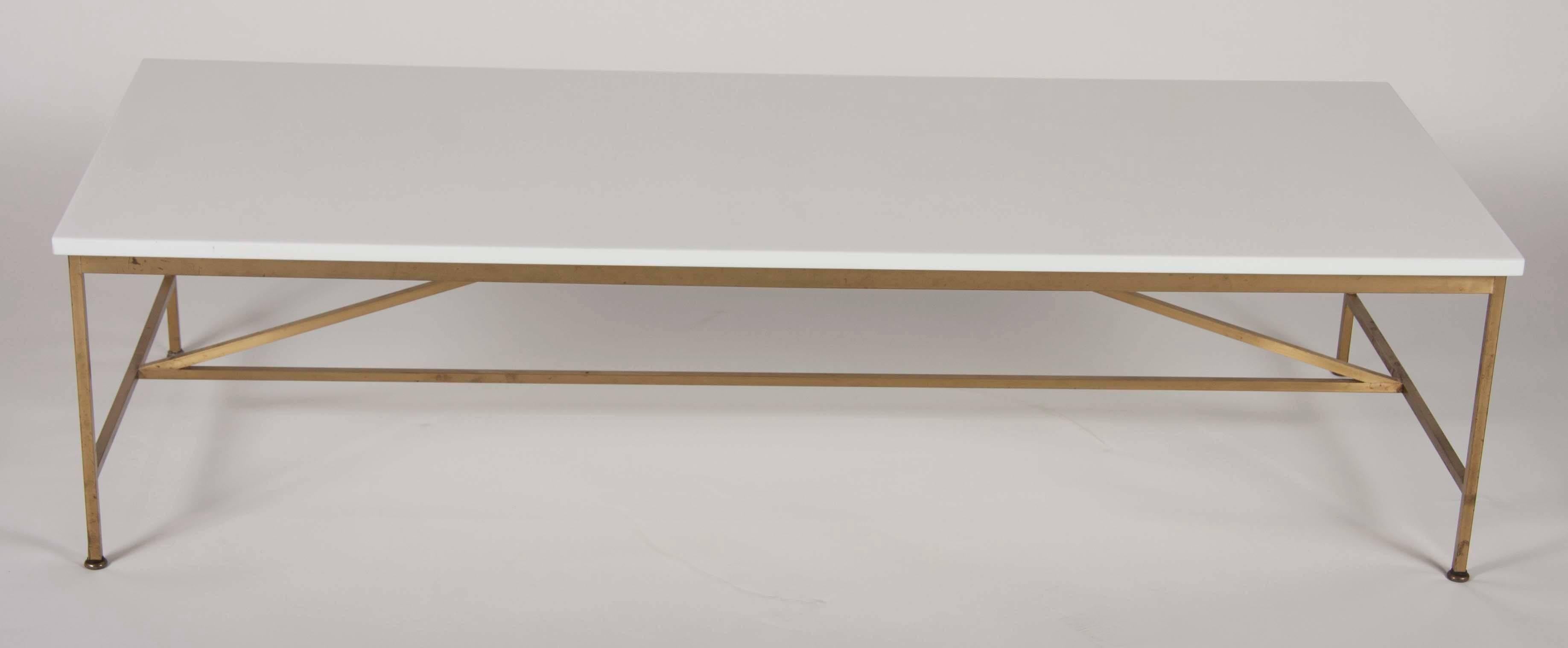 Metalwork Paul McCobb Brass Frame Coffee Table with White Vitrolite Glass Top