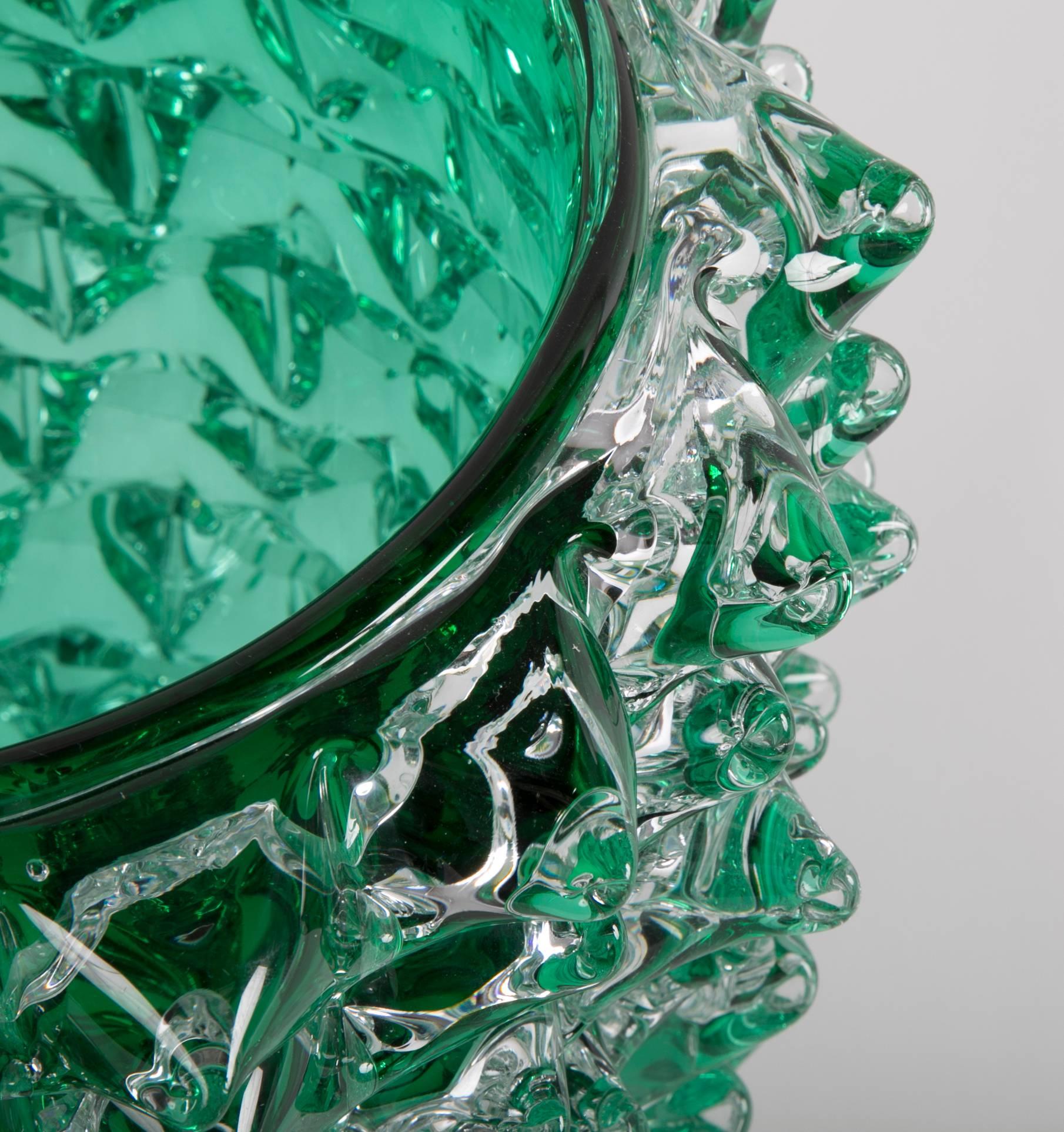 20th Century Pair of Murano Green Iridescent Glass Vases Signed Pino Signoretto