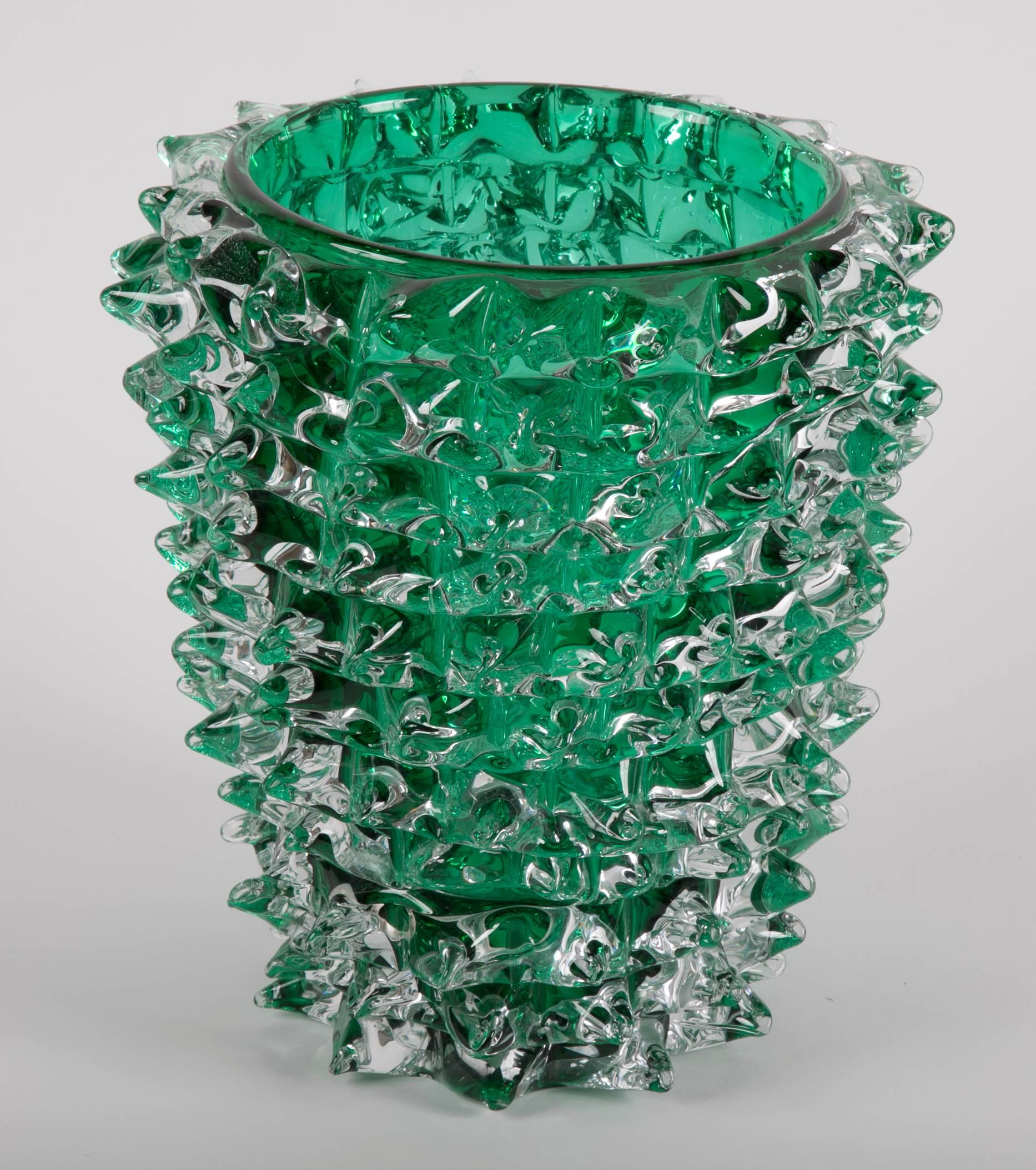 Mid-Century Modern Pair of Murano Green Iridescent Glass Vases Signed Pino Signoretto