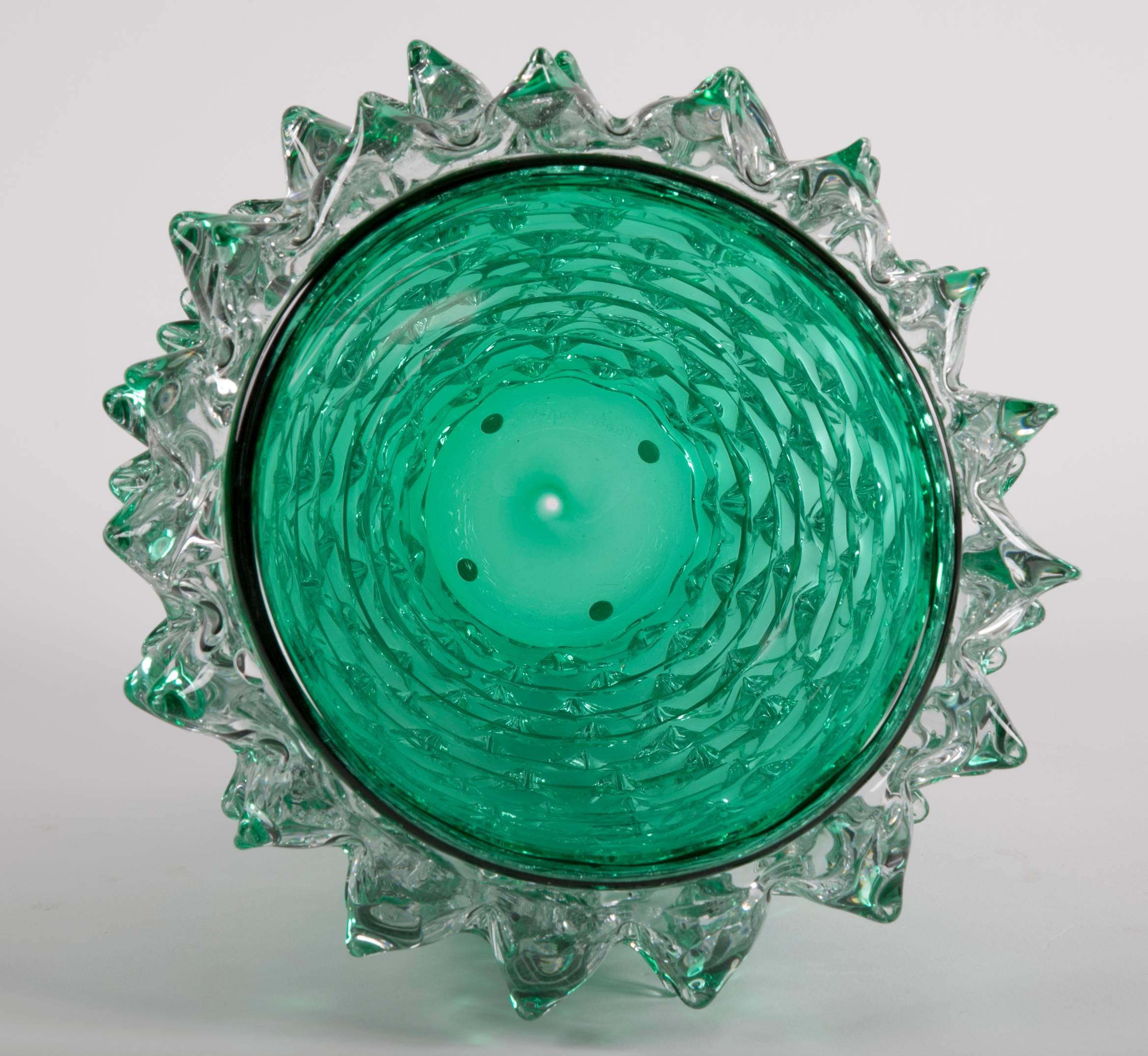 Pair of Murano Green Iridescent Glass Vases Signed Pino Signoretto 1