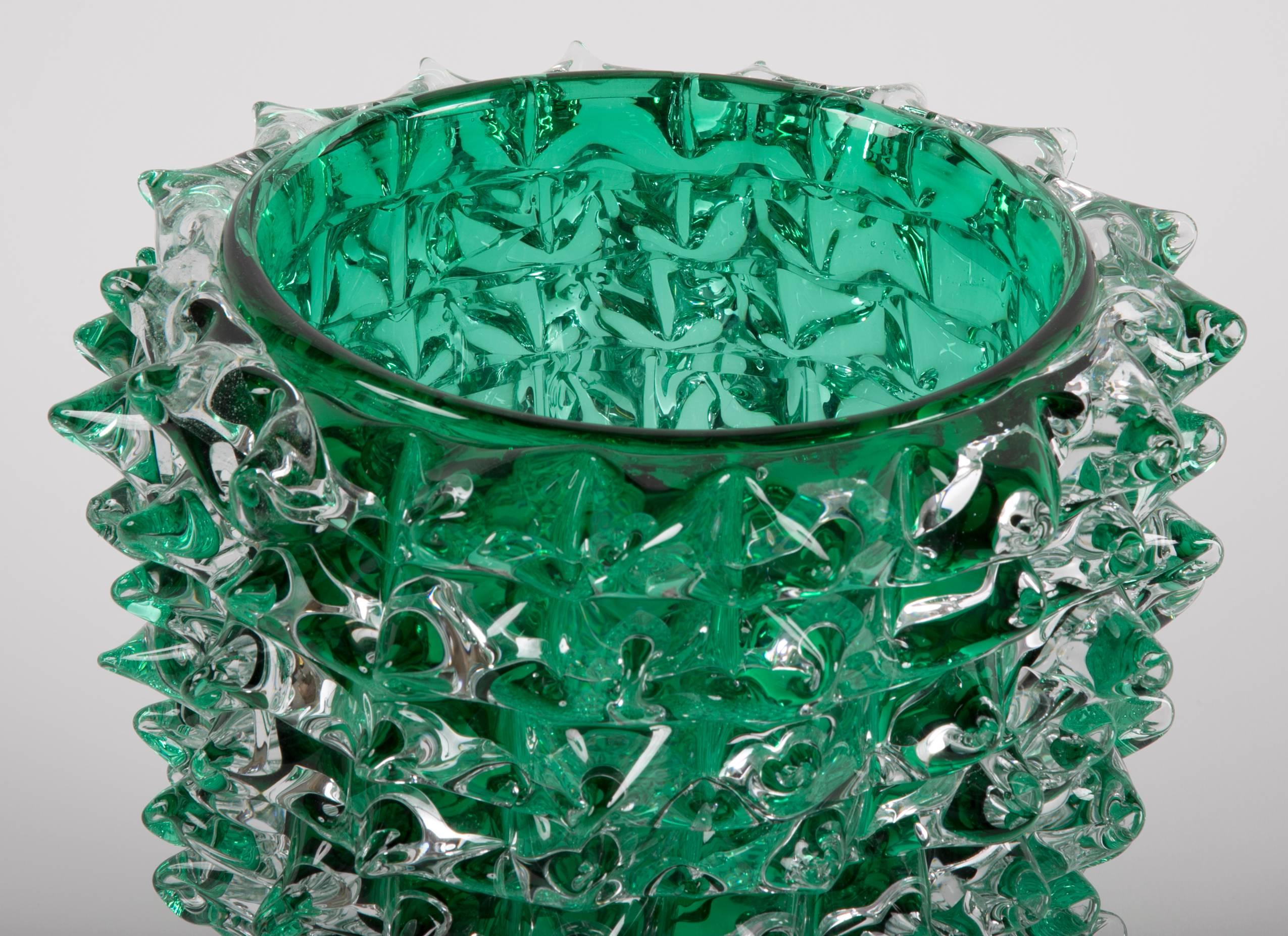 Italian Pair of Murano Green Iridescent Glass Vases Signed Pino Signoretto