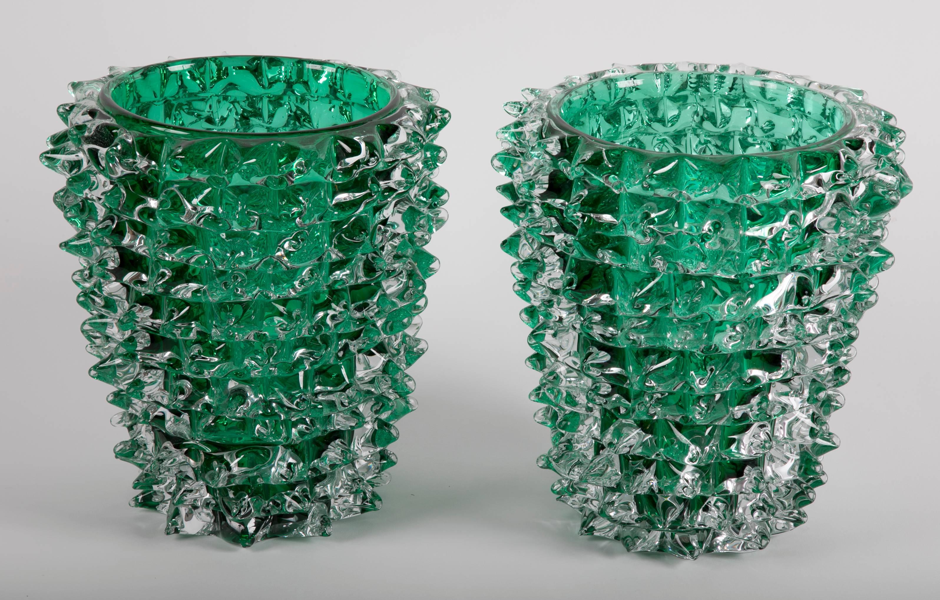 Pair of green iridescent glass vases signed Pino Signoretto produced on Murano.