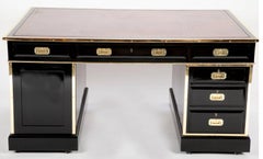 English Black Lacquer Campaign  Partners Desk With Leather Top and Brass Mounts