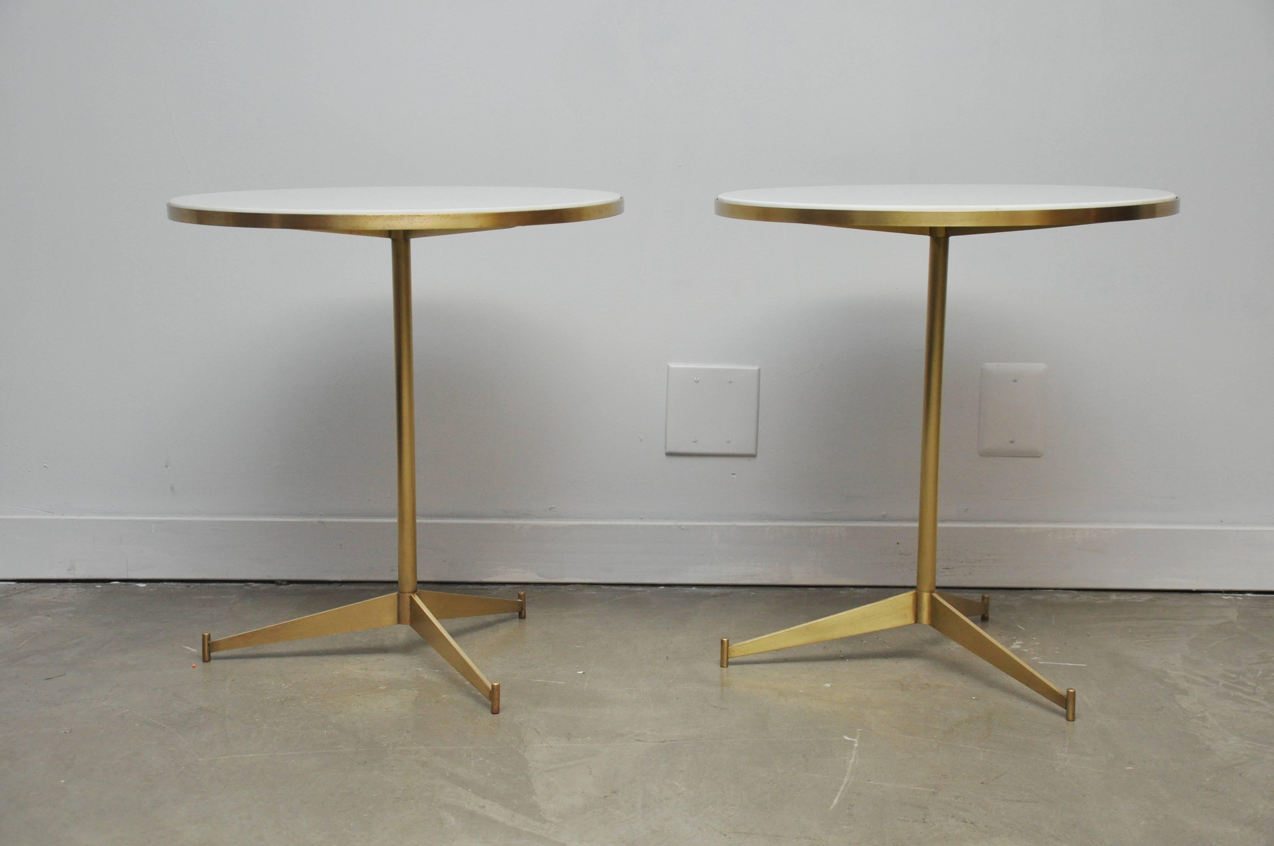 Paul McCobb Pair of Brass and Vitrolite Cigarette Tripod Side Table In Excellent Condition In Chicago, IL