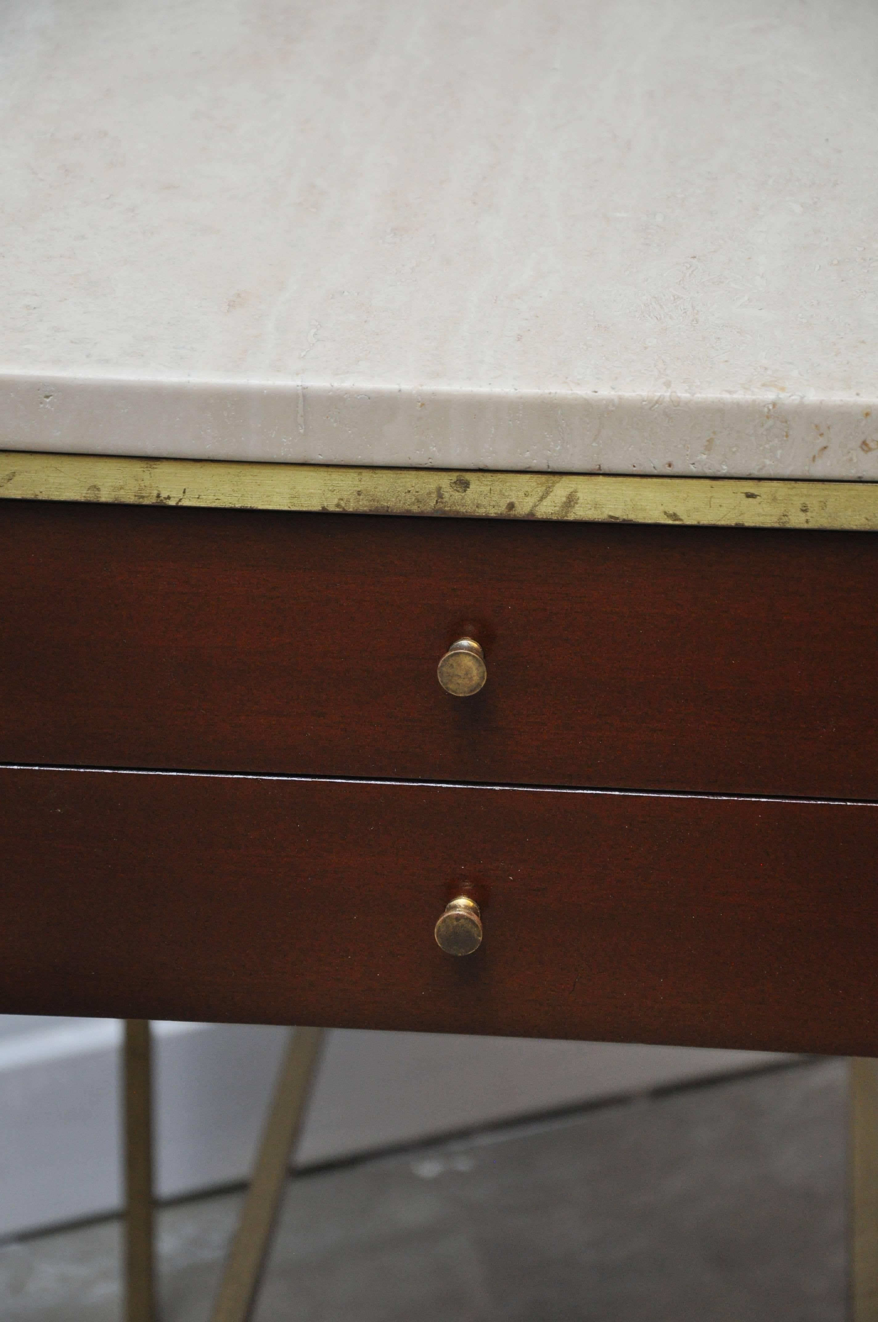 Pair of brass frame nightstands with mahogany cases and travertine tops. Designed by Paul McCobb for Calvin Furniture. Mahogany cases have been fully restored/refinished.