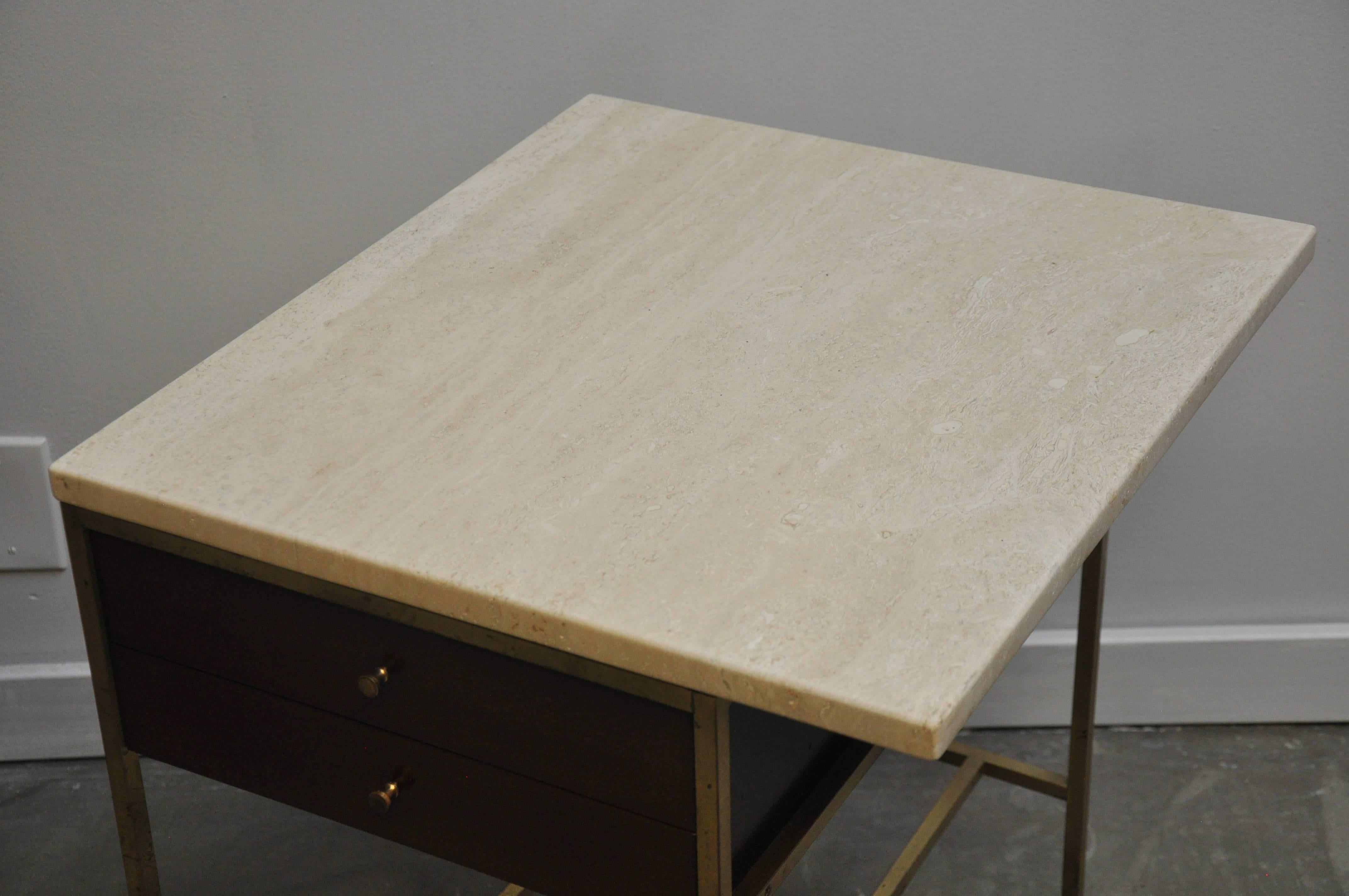 Paul McCobb Brass Base Nightstands with Travertine Tops In Excellent Condition In Chicago, IL