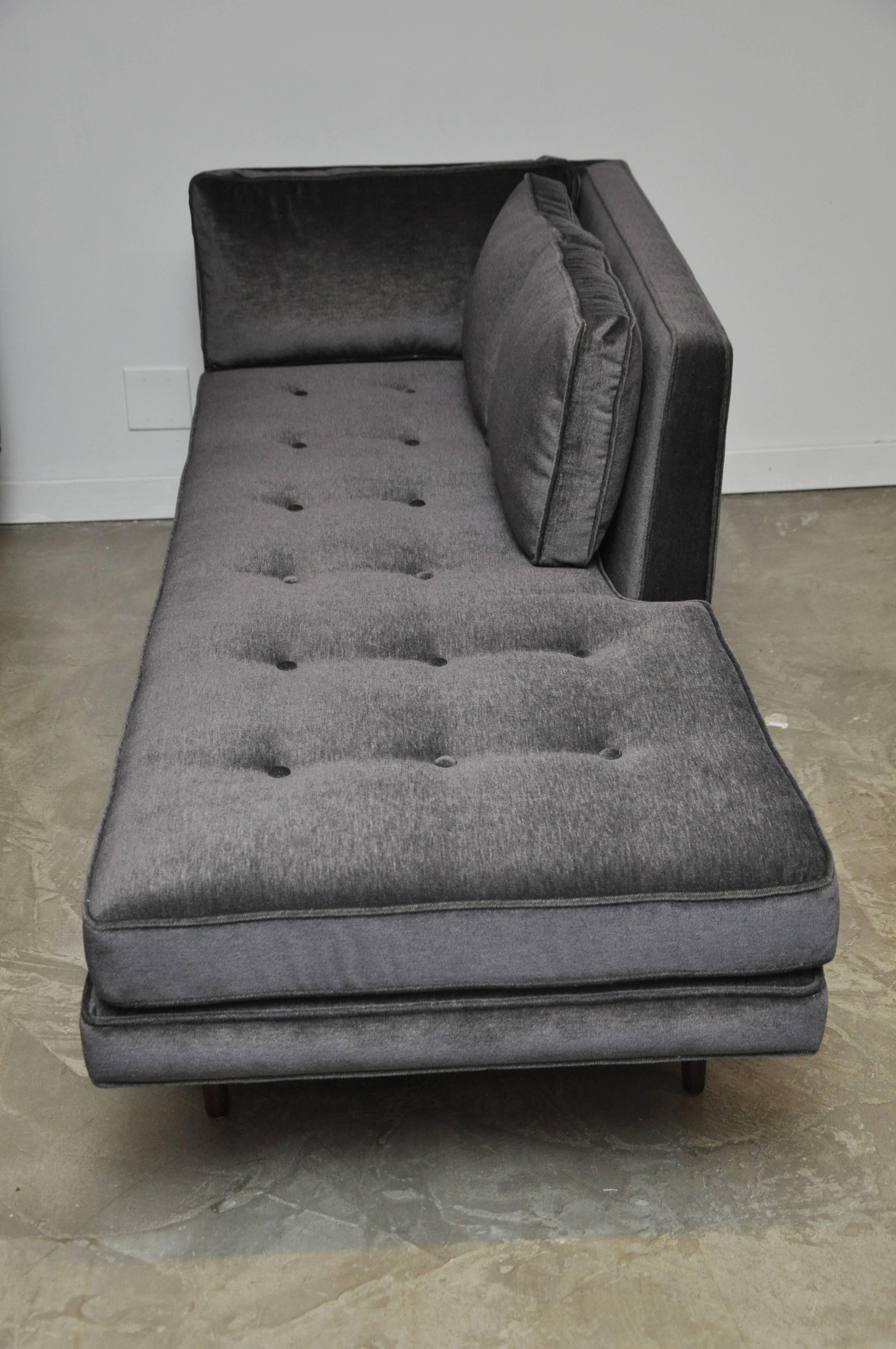 Left arm chaise model 5525 designed by Edward Wormley for Dunbar. Fully restored. Newly upholstered in charcoal mohair. 